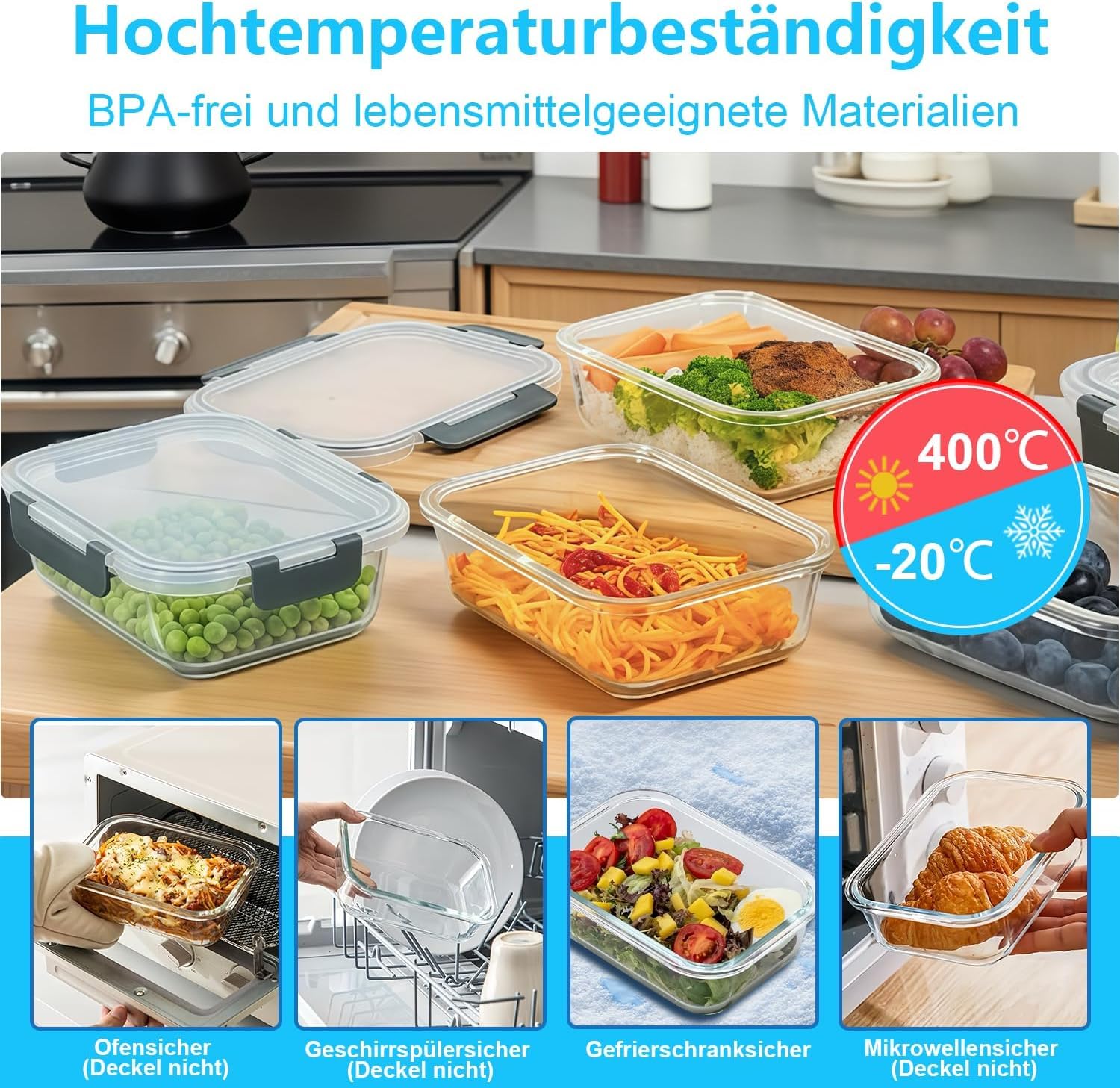 KUMD Vorratsdosen Glas mit Deckel 5er Set (10-teilig) 1040ml Borosilikatglas Frischhaltedosen für Mikrowelle & Meal Prep - Rechteckige Lunchbox, Ofenfest, Auslaufsicher