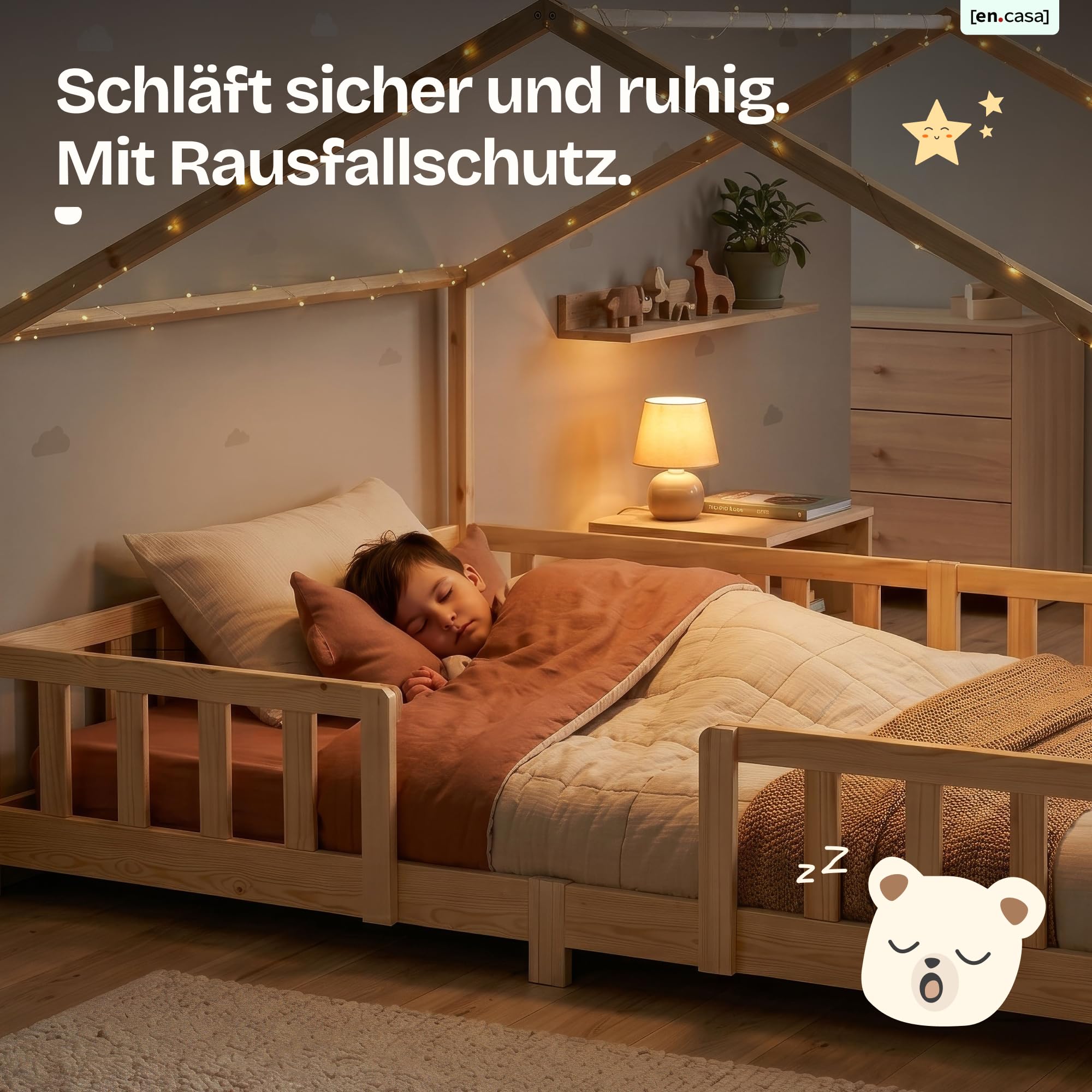 Kinderbett Treviolo Hausbett 120 x 200 cm Holzbett mit Rausfallschutz Montessori Bettgestell Kiefernholz