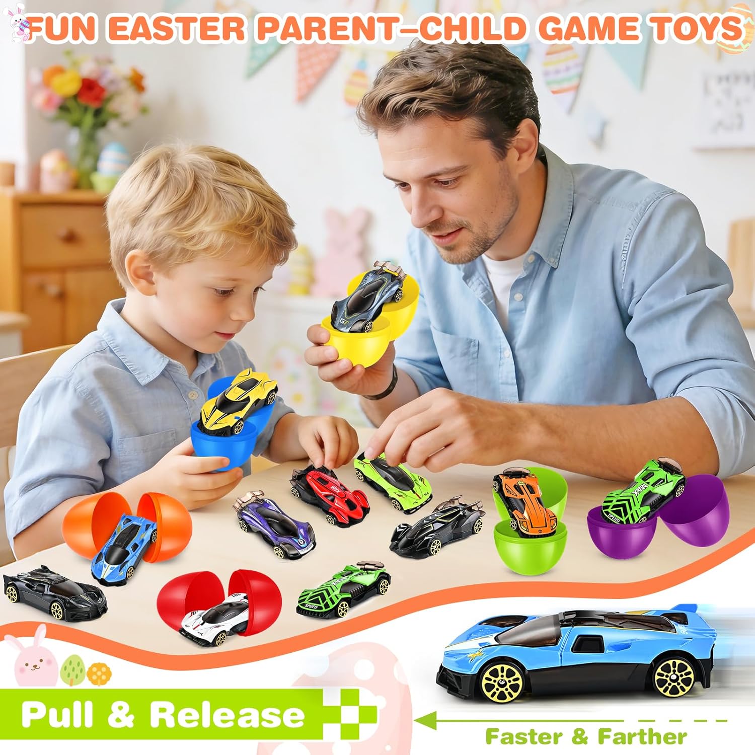 Shemira 12 Pack Easter Eggs Filled with Die-cast Racing Cars for Kids Boys Easter Basket Stuffers, Prefilled Easter Eggs with Toys Inside for Easter Egg Hunt, Party Favor Supplies Classroom Prizes image 4 of 6 B0FYQBB8NQ