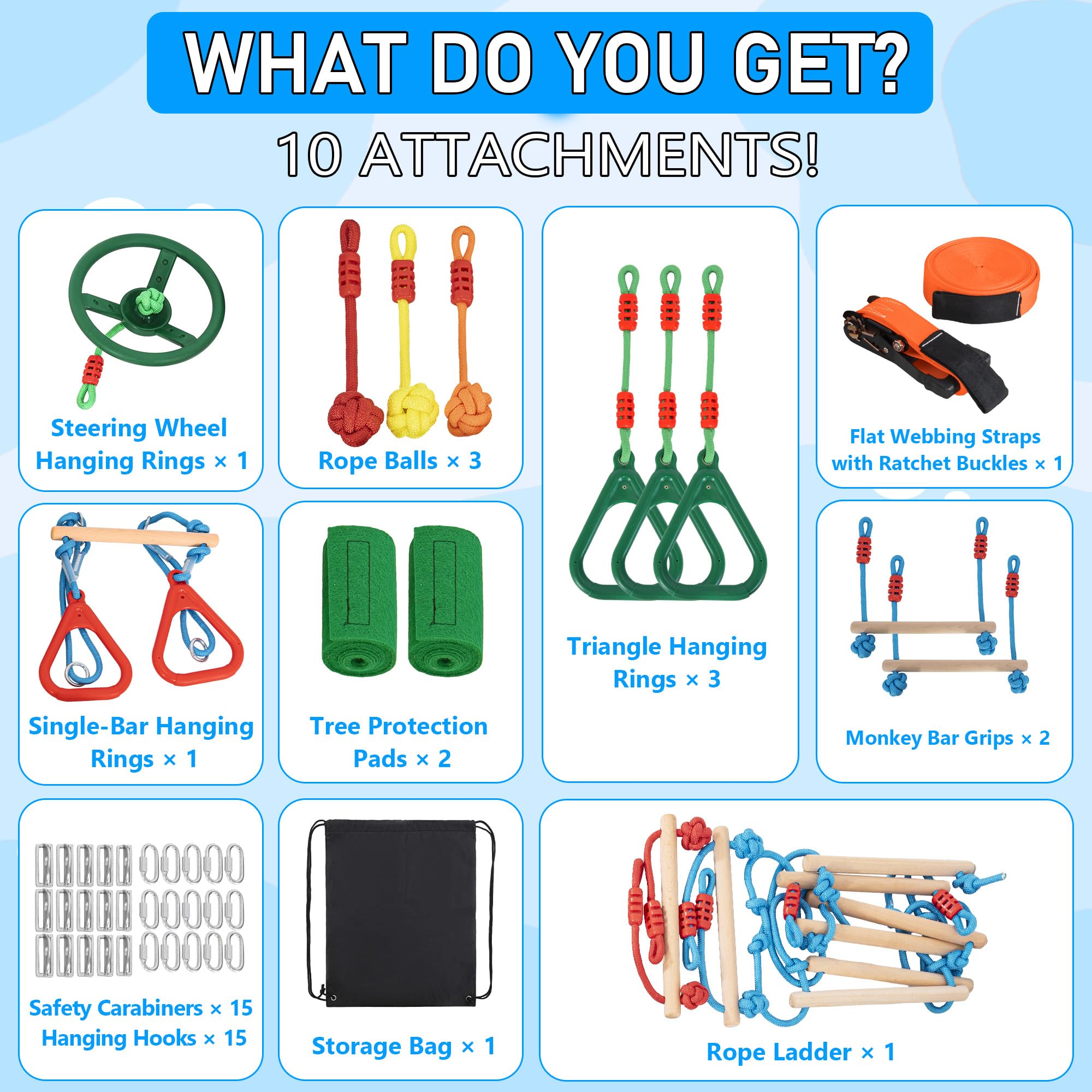 Slackline - Kit para niños, 15 m ninja, para niñas y niños, incluye escaleras, nudos de cuerda, ruedas de Ninja, anillos de suspensión, escaleras de escalada, etc