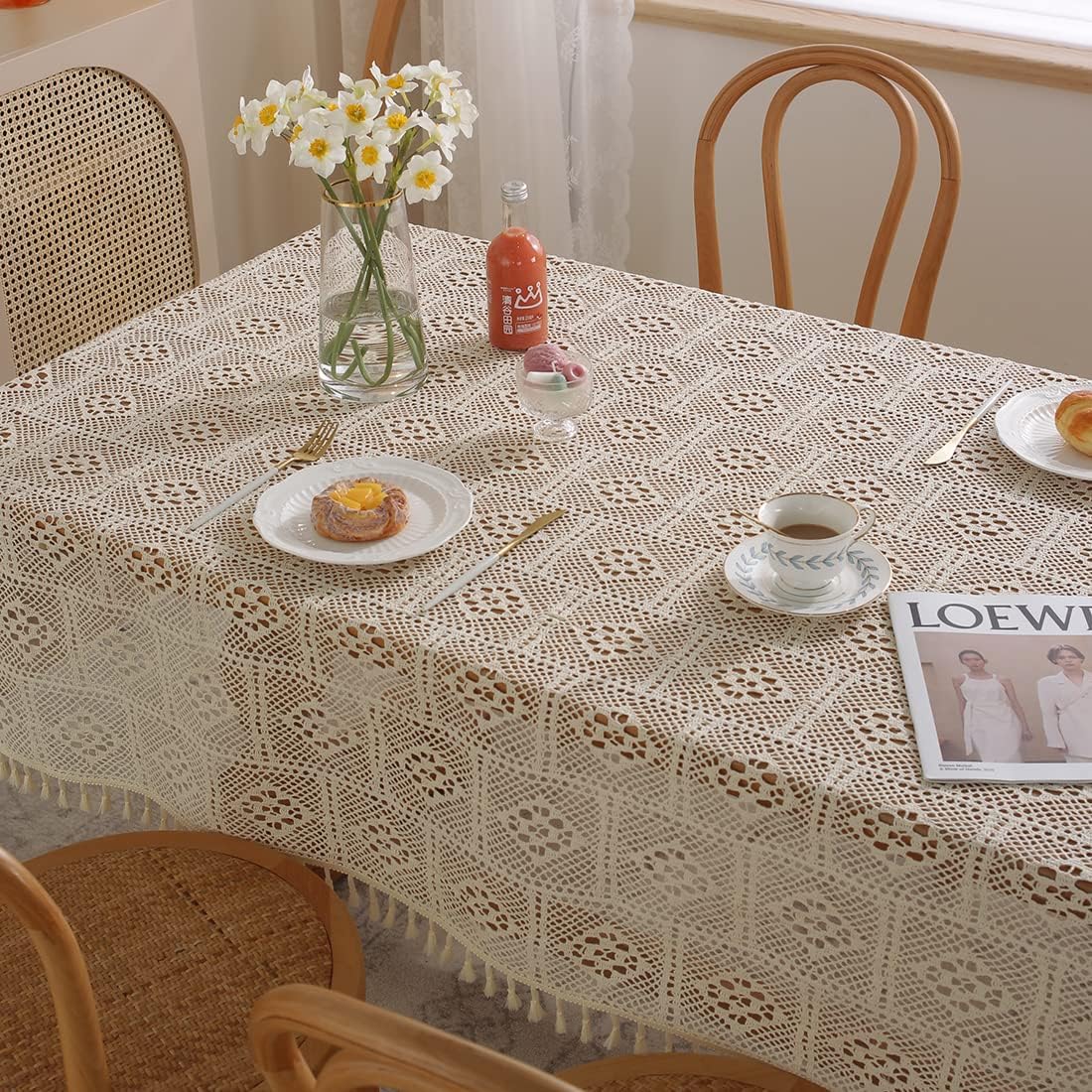 Buffalo Check Plaid Geometric Embroidered Dinning Tablecloth with Tassels, Boho Beige Crochet Hole Rectangle Table Cloth Tablecloths Desk Decor for Wedding Birthday Party Holiday, 55"x98"