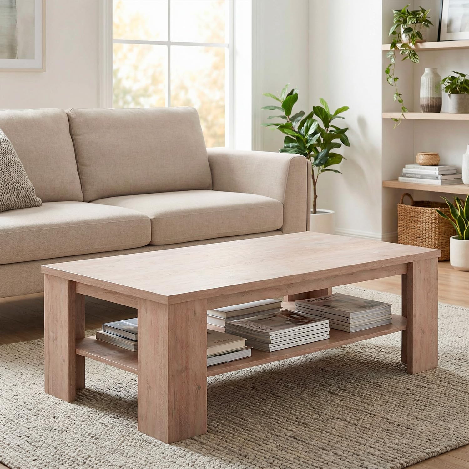Arreditaly Tavolino Da Caffè Con Ripiano Inferiore E Vano A Giorno Tavolo Basso Moderno Design Elegante Minimal Per Soggiorno Salotto Zona Living Struttura Resistente 41 x 130 x 67 Cm (Rovere Alaska)