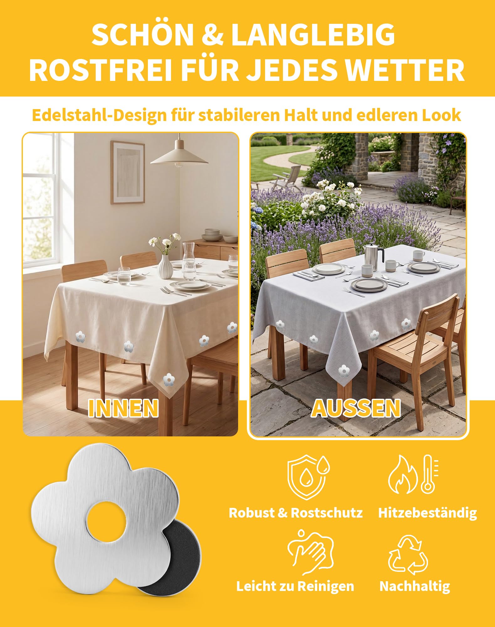 LAOYE 8X Pinzas Sujeta Manteles de Mesa Exterior Pesas Manteles de Acero Inoxidable Extra Pesadas Clip magnético manteles Mesa (Flor)