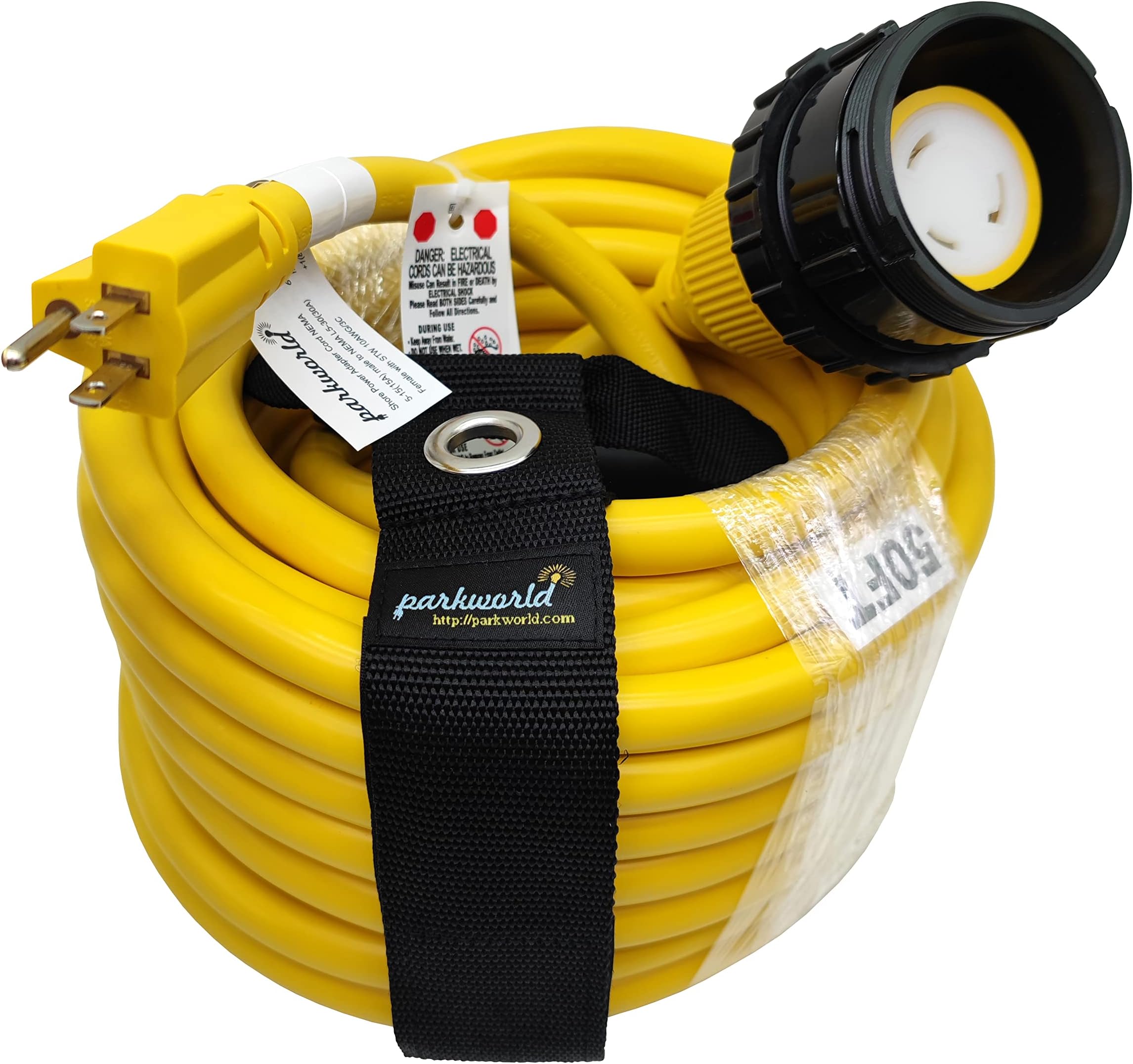 Parkworld 691968 Shore Power Adapter Cord Household 15A Male 5-15P to L5-30R RV/Camper/Marine 30A Female with Locking Ring (50FT)