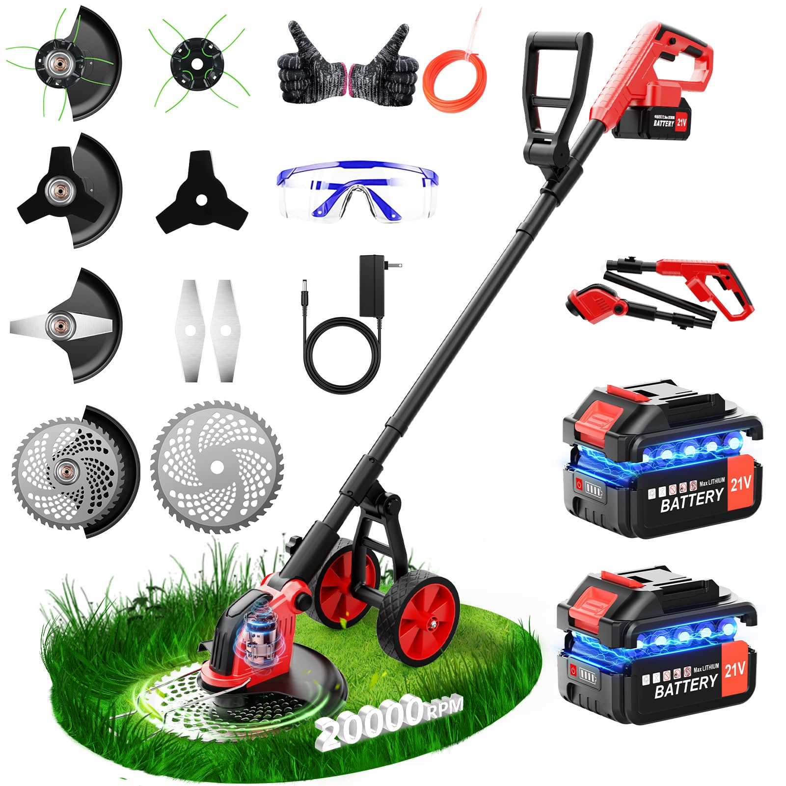 12 Inch Desbrozadora Electrica,21v cortadora de césped inalámbrica a batería Plegable, desbrozadora con 6.0Ah y 4 Tipos de Cuchillas, desbrozadorade Mano para Exteriores para Cortar césped