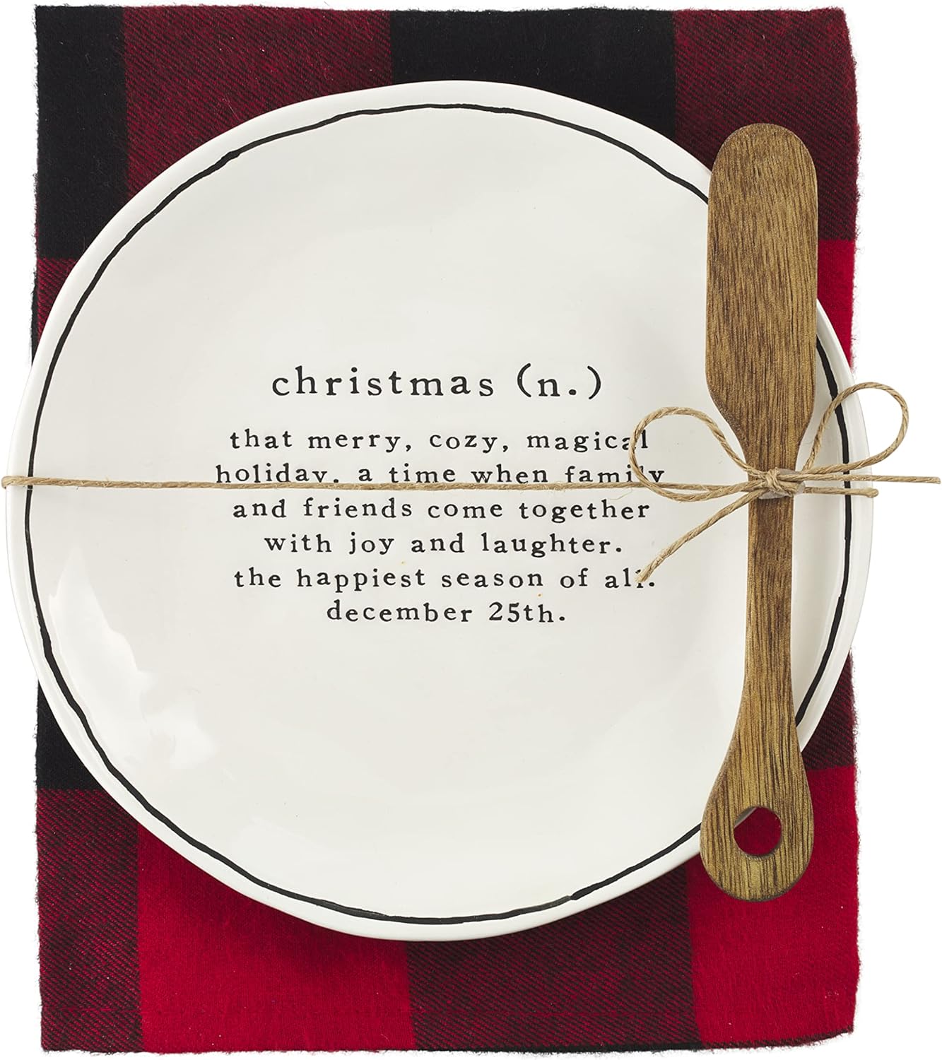 Mud Pie 3 Piece Christmas Appetizer Set with Plate, Spreader, and Towel, White, Plate: 6.5" dia; spreader: 5.5", Towel: 26"x16.5"