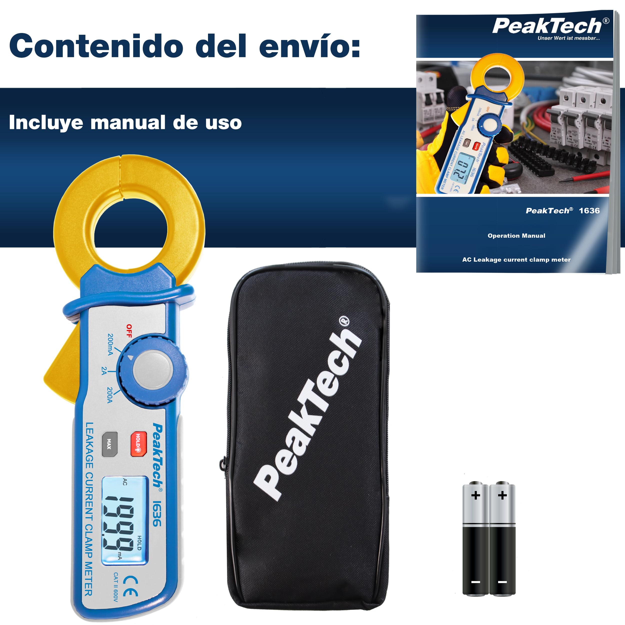 PeakTech 1636 Pinza de Corriente de Fuga AC 200A, 100 µA Resolución, Pinza Amperimétrica Profesional, Detector de Fugas Eléctricas, LCD, CAT II 600V