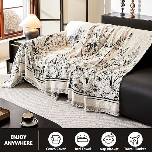 Miniatura 3 de DREAMINGO Funda floral para sofá de 3 cojines, funda gruesa de felpa para muebles de 71 x 134 pulgadas, funda de sofá jacquard vintage con borlas