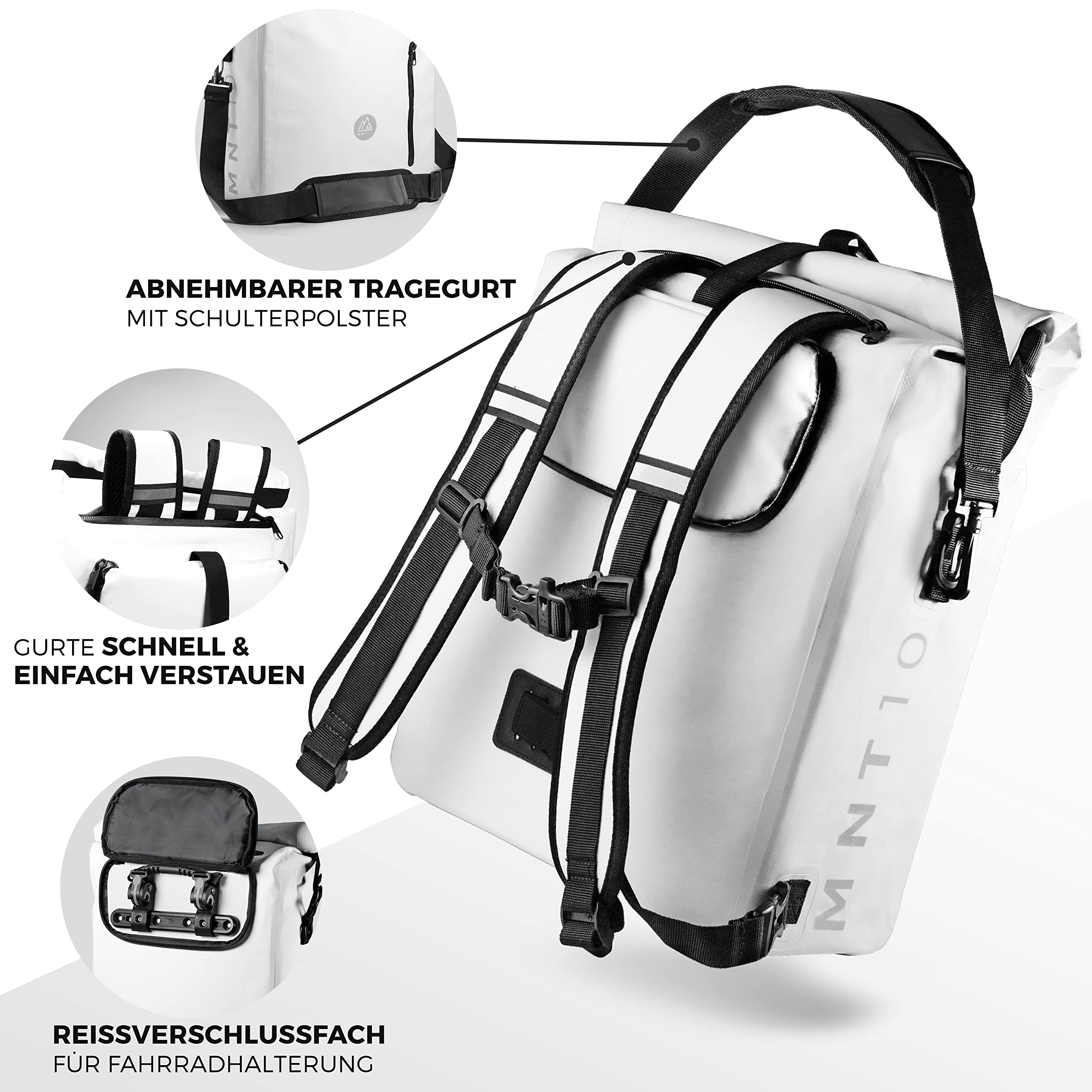 MNT10 4-in-1 Fietstas voor Bagagedrager in 18L, 25L I Bagagedrager Tas, Rugzak, Droge Tas & Schoudertas in 1 I Waterdicht & Reflecterend I Combinatie Fietstassen voor Tochten, University. Sports &