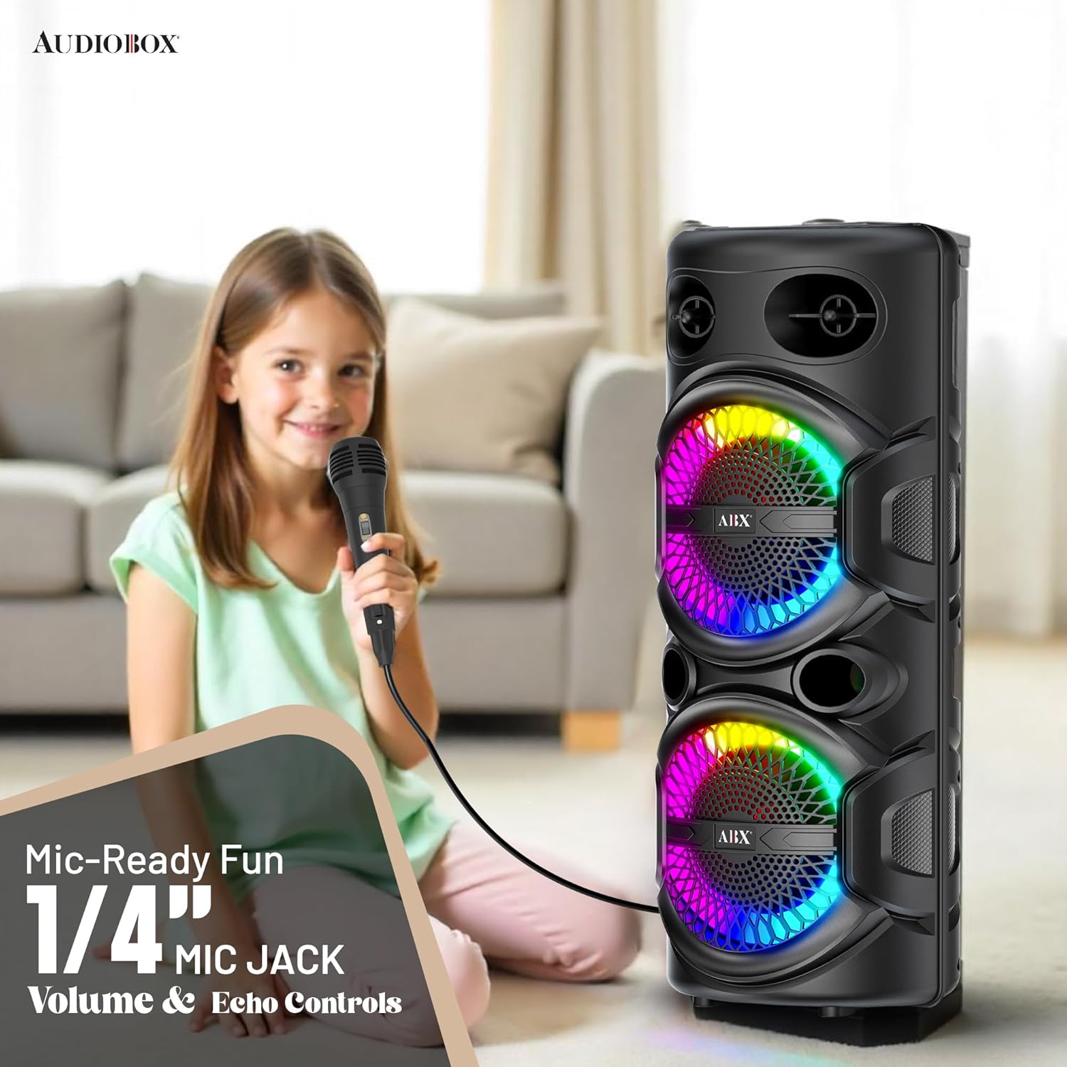 Audiobox Portable Bluetooth Speaker – Dual 8” Woofers, LED Ring Lights, Mic Input, Rechargeable Battery – Loud Bass, Fun Lights, Perfect for Kids Parties, Beach, Pool & Karaoke