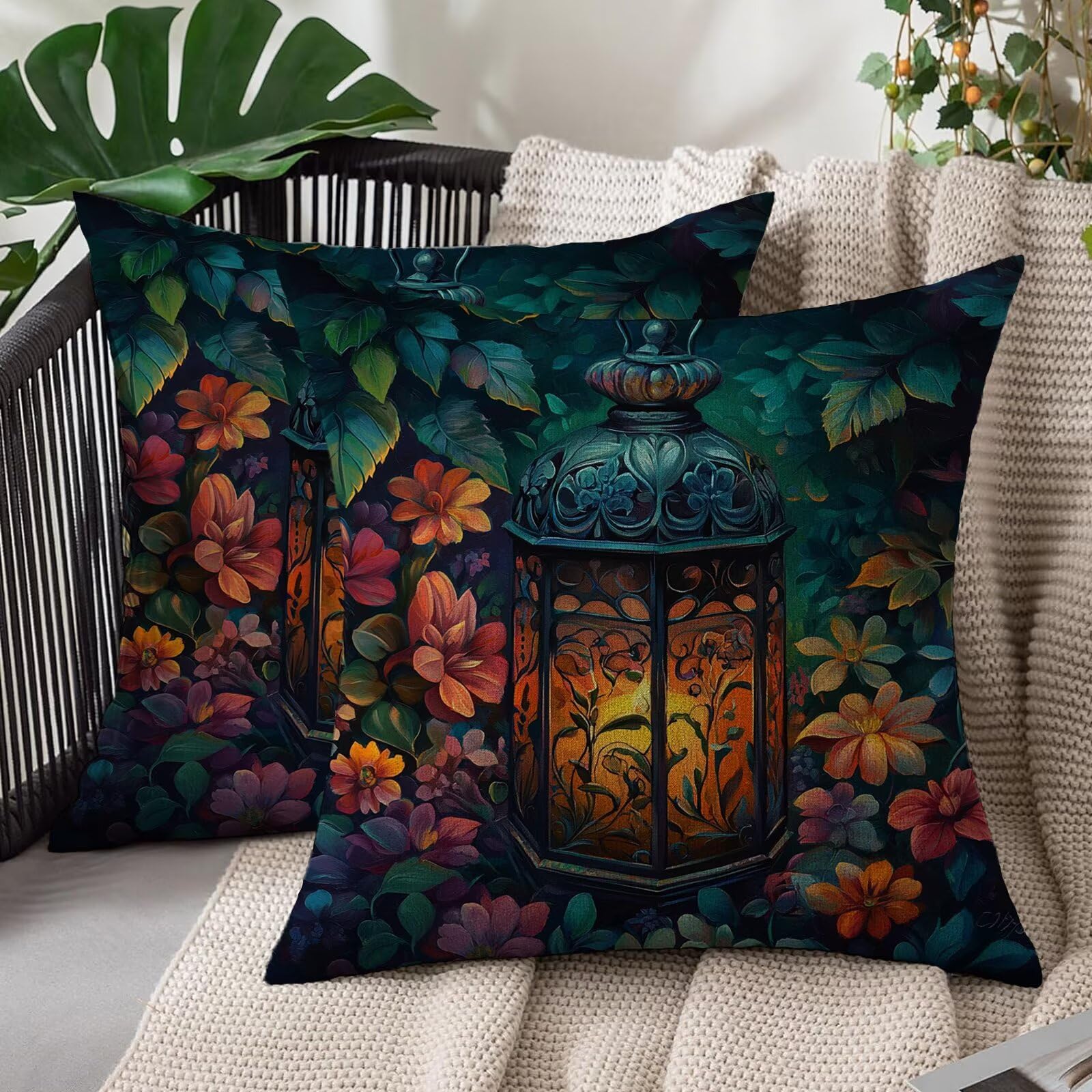 Fundas cojines terraza y balcón con estampado floral lino para decoración exterior de sofá