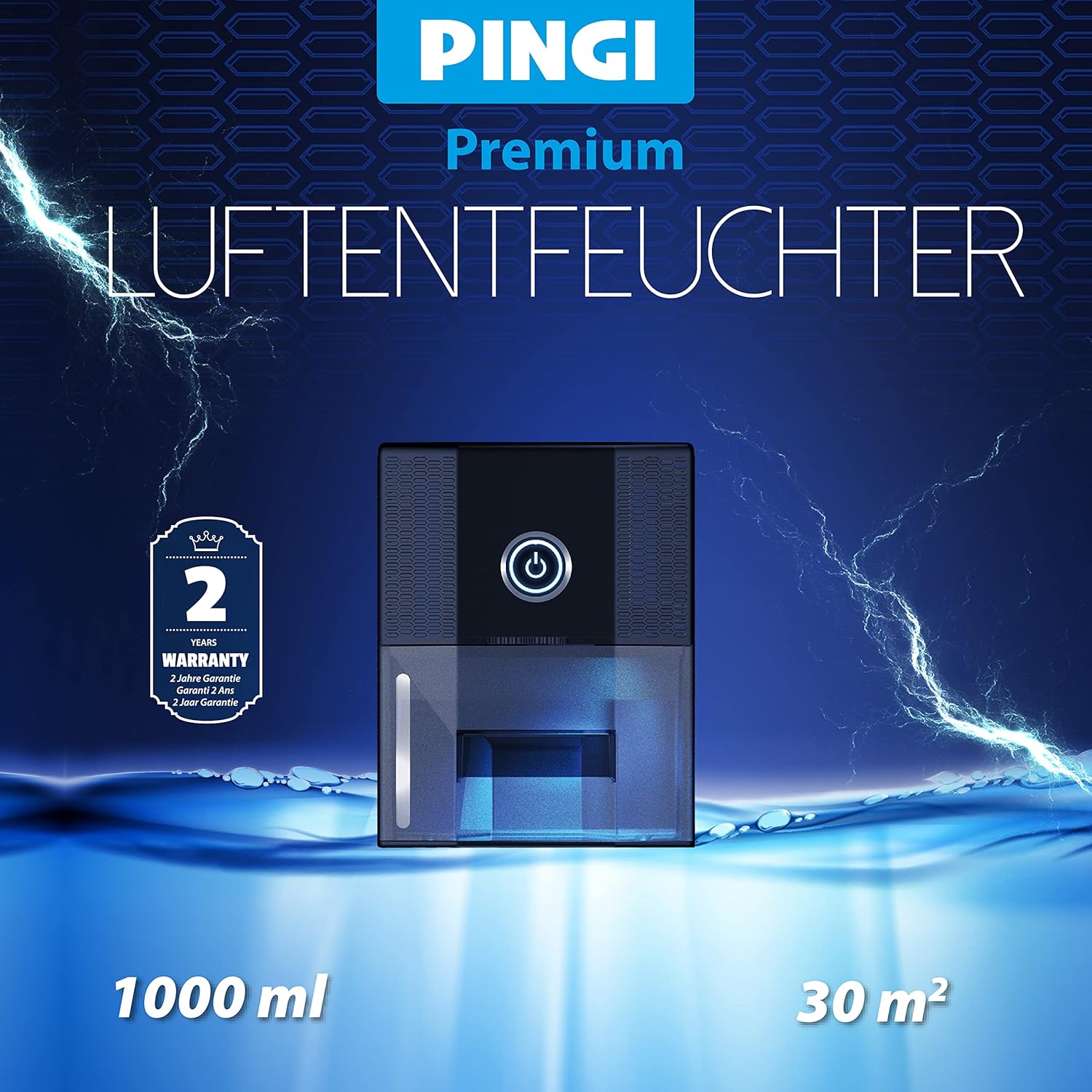 Diagram showing key features of the Pingi Vida 1S Dehumidifier: 1000ml tank, 30m² coverage, one-button control, tank light dimmer, functional LED lighting, and permanent drain support.