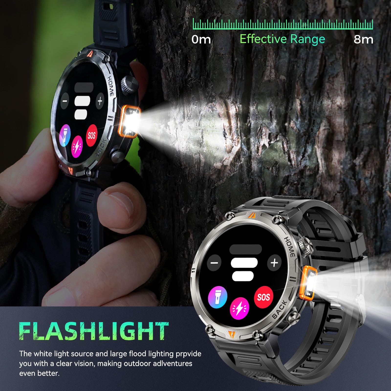 GPS Smartwatch Militare Uomo Impermeabile 3ATM con Torcia LED Bussola, 1,45" HD Rugged Smartwatch Orologio con Chiamate Bluetooth, Fitness Watch con Cardiaca SpO2 Notifiche WhatsApp per Android iOS