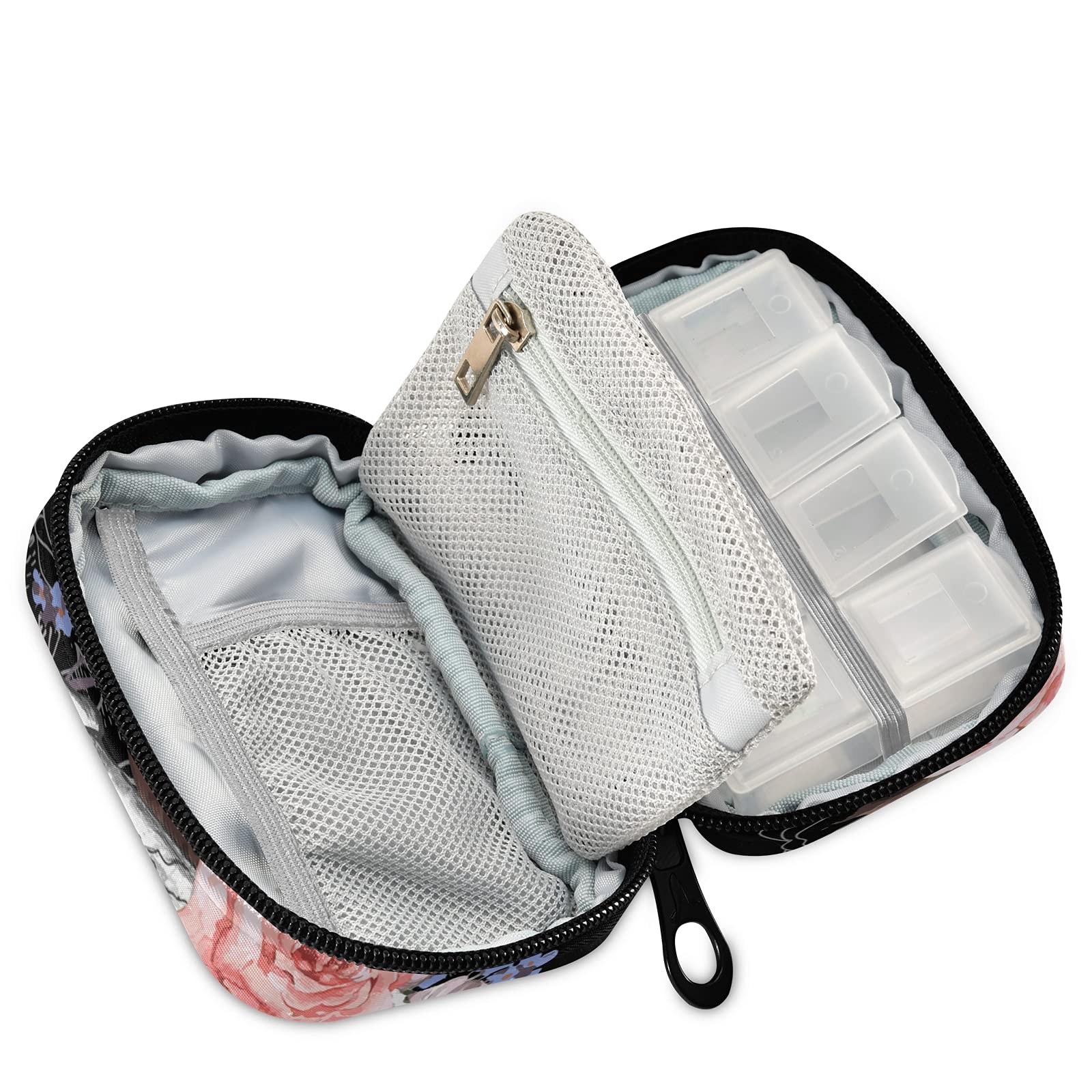 Naanle Watercolor Flower Skull Pill Box 7 Day Pill Case Travel Pill Organizer Bag with Zipper Portable Weekly Case Compact Size for Vitamin Supplement Holder