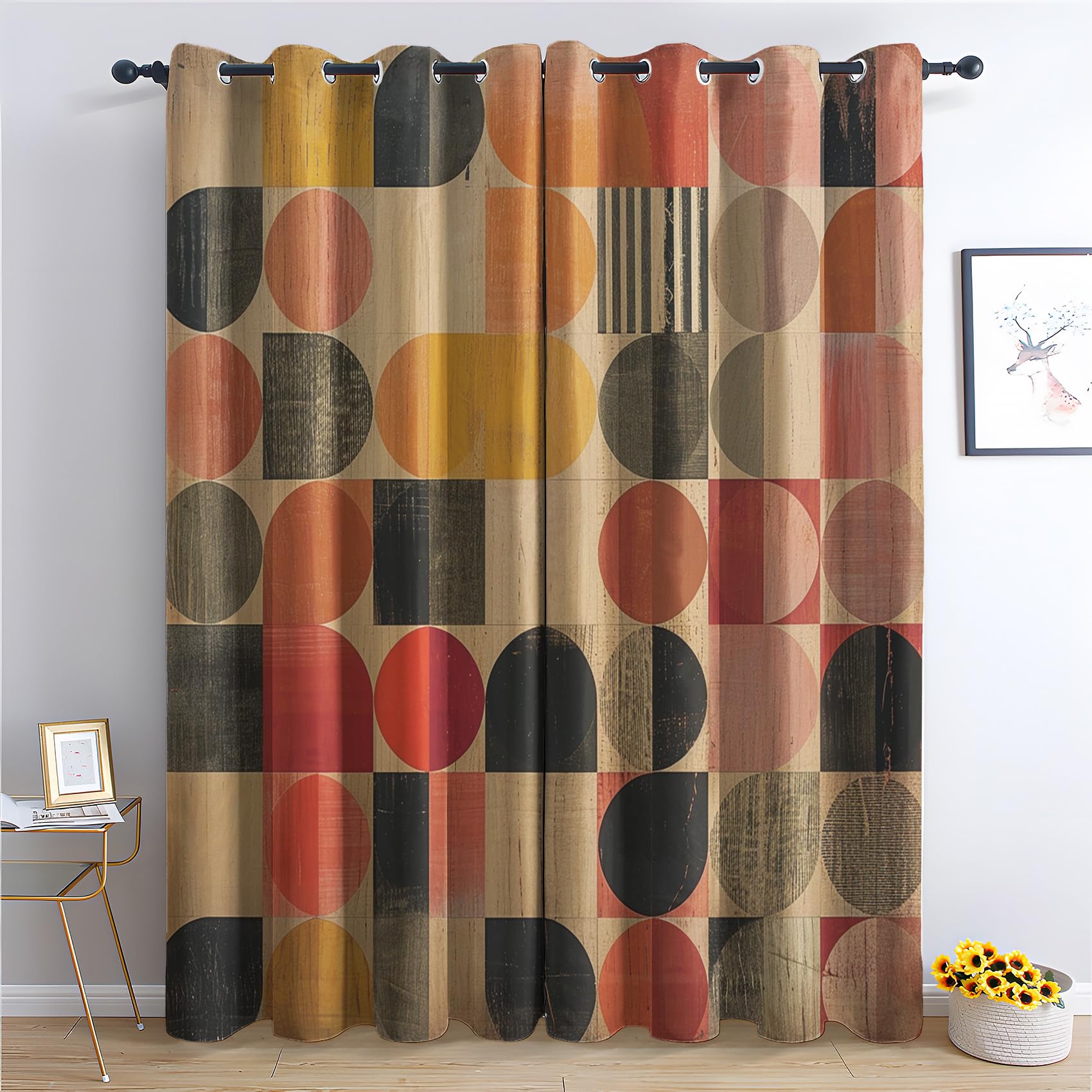 Rideau Occultant Milieu du Siècle, Cercle Boho Motif Rideaux Thermiques à Oeillets, Rideaux Imprimé pour Salon Chambre Fenetre Moderne Décoration, 110x215 cm (L x H), Lot de 2