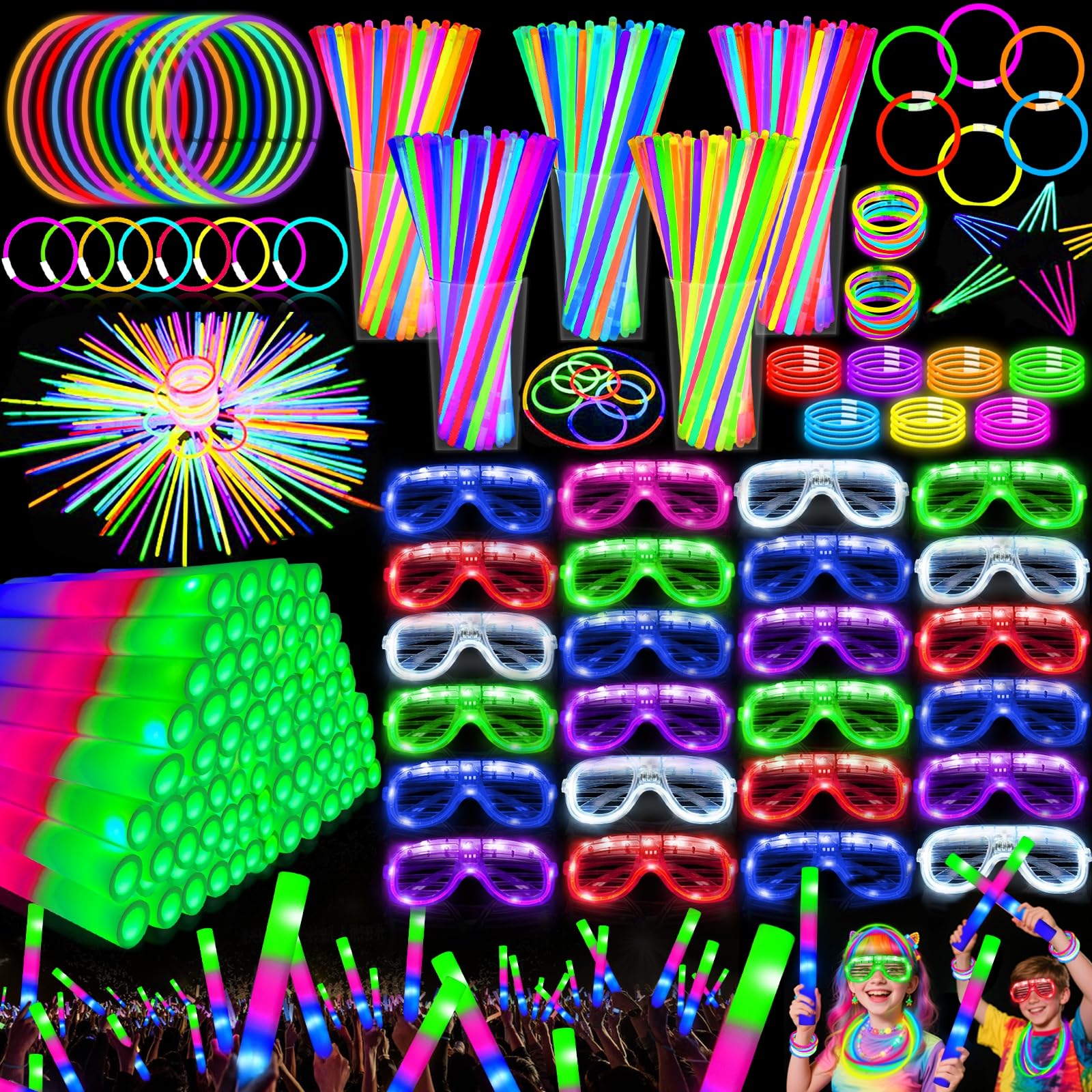 Camlinbo 148 PCS Glow in the Dark Party Supplies- 24 Pcs 16" Foam Glow Sticks, 24 Pcs LED Glasses, 100Pcs Glow Sticks Necklaces Bracelets Light Up Party Favors Pool Party Wedding Concert Halloween