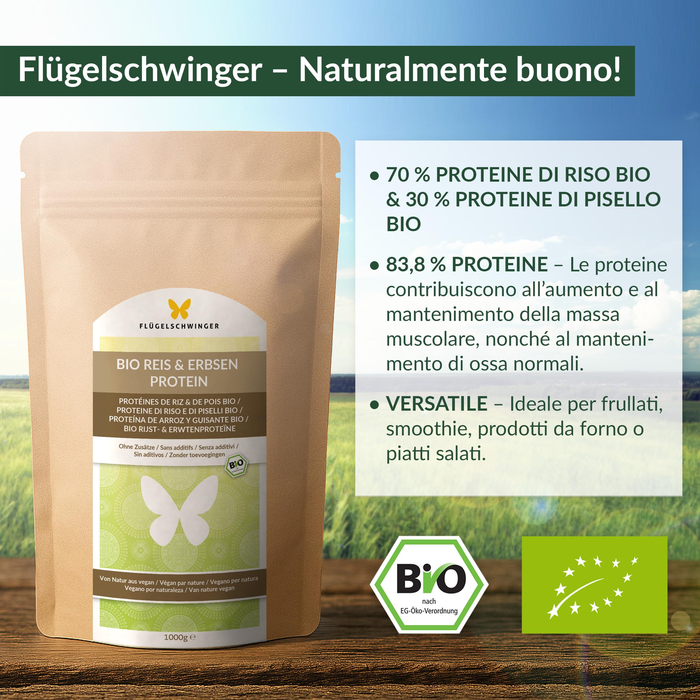 1 kg Proteine BIO di riso & pisello 7:3, 83,8% proteine, senza additivi, 70% proteine di riso BIO & 30% proteine di pisello BIO, vegano, senza lattosio & senza soia, gusto neutro (1000 g)
