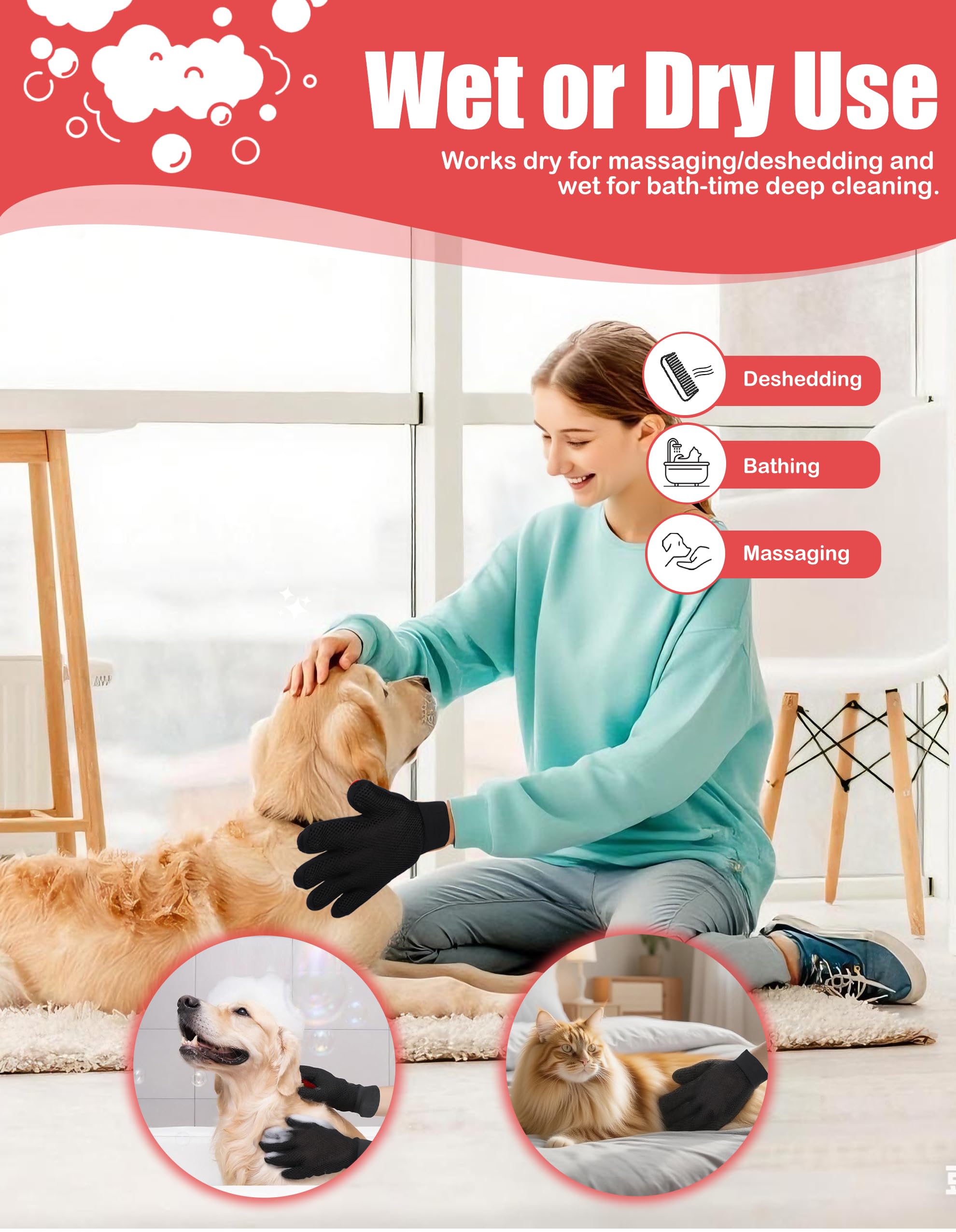 Itingy Cat Grooming Gloves 259-Tip, Pet Hair Removal Mitt for Cat/Dog/Rabbit with Sensitive Skin - Image 2