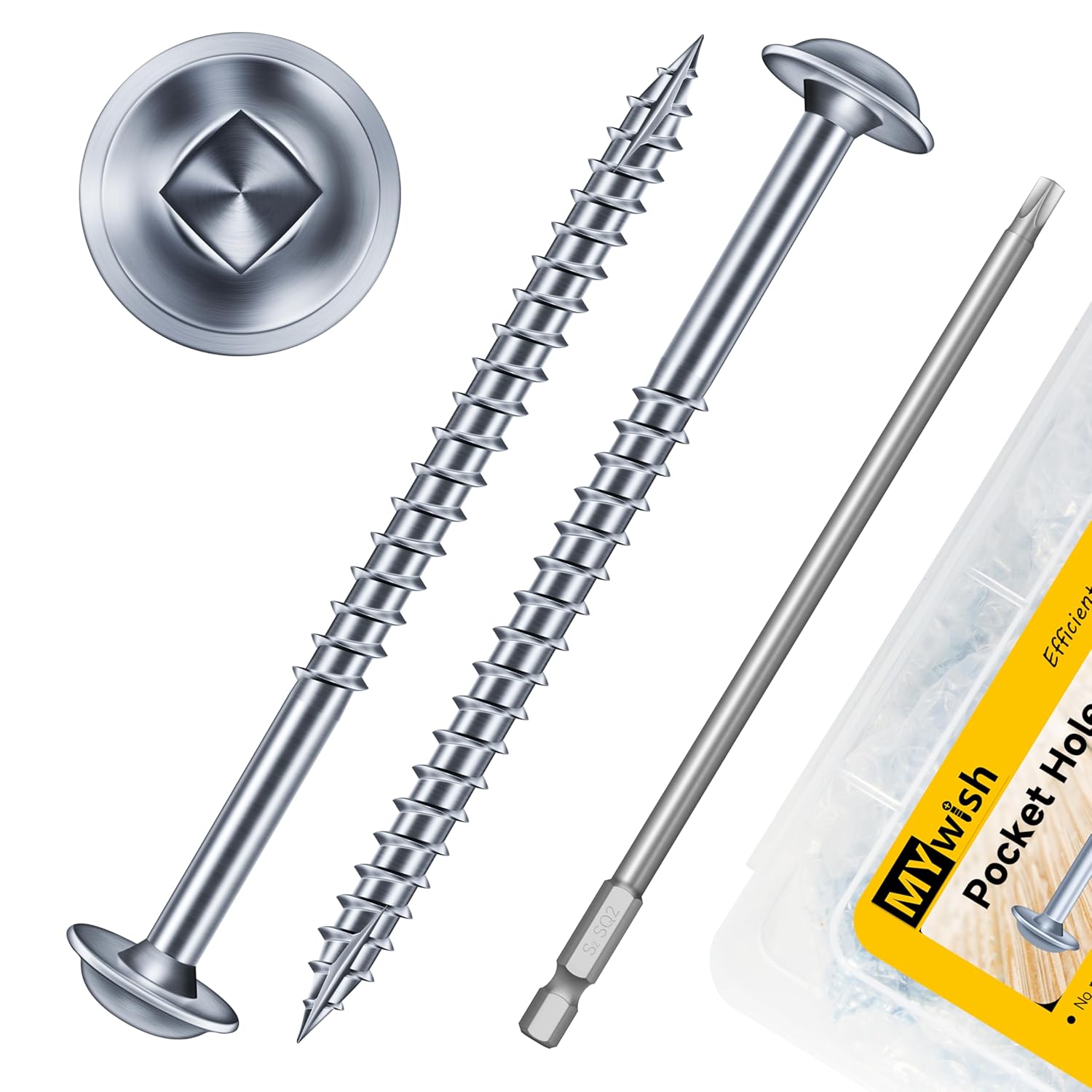 Mywish 600Pcs Pocket Hole Screws 2-1/2 Inch, Wood Screws #8 x 2-1/2" Washer Head Square Drive Self Tapping Pocket Screws, Zinc Plated, with 150MM Pocket Hole Drill Bit