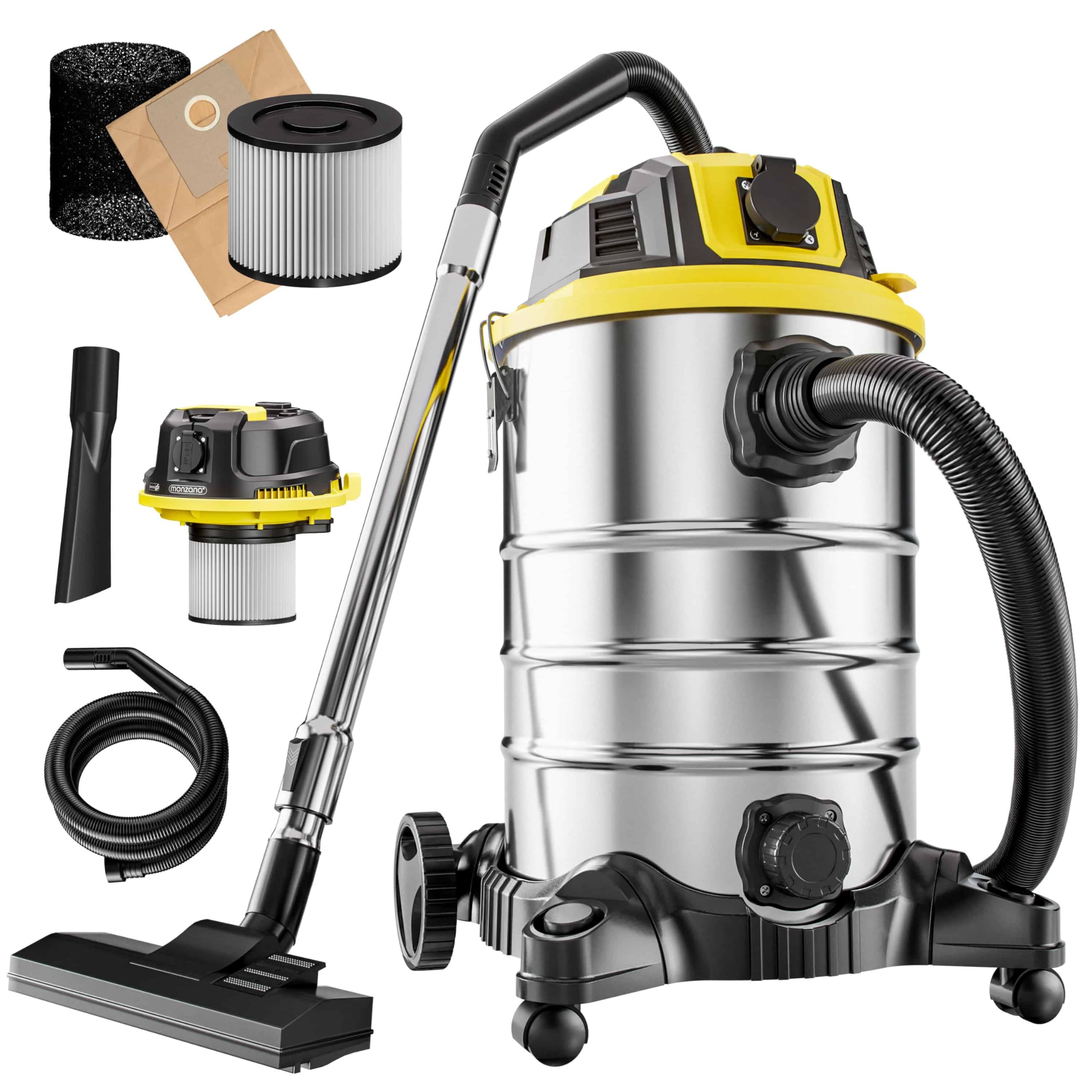 Monzana® Nass Trockensauger 30L 1200W + 1000W Steckdose GS-Zertifiziert 9m Bewegungsradius Blasfunktion Staubsauger Industrie Edelstahl Waschsauger Nasssauger