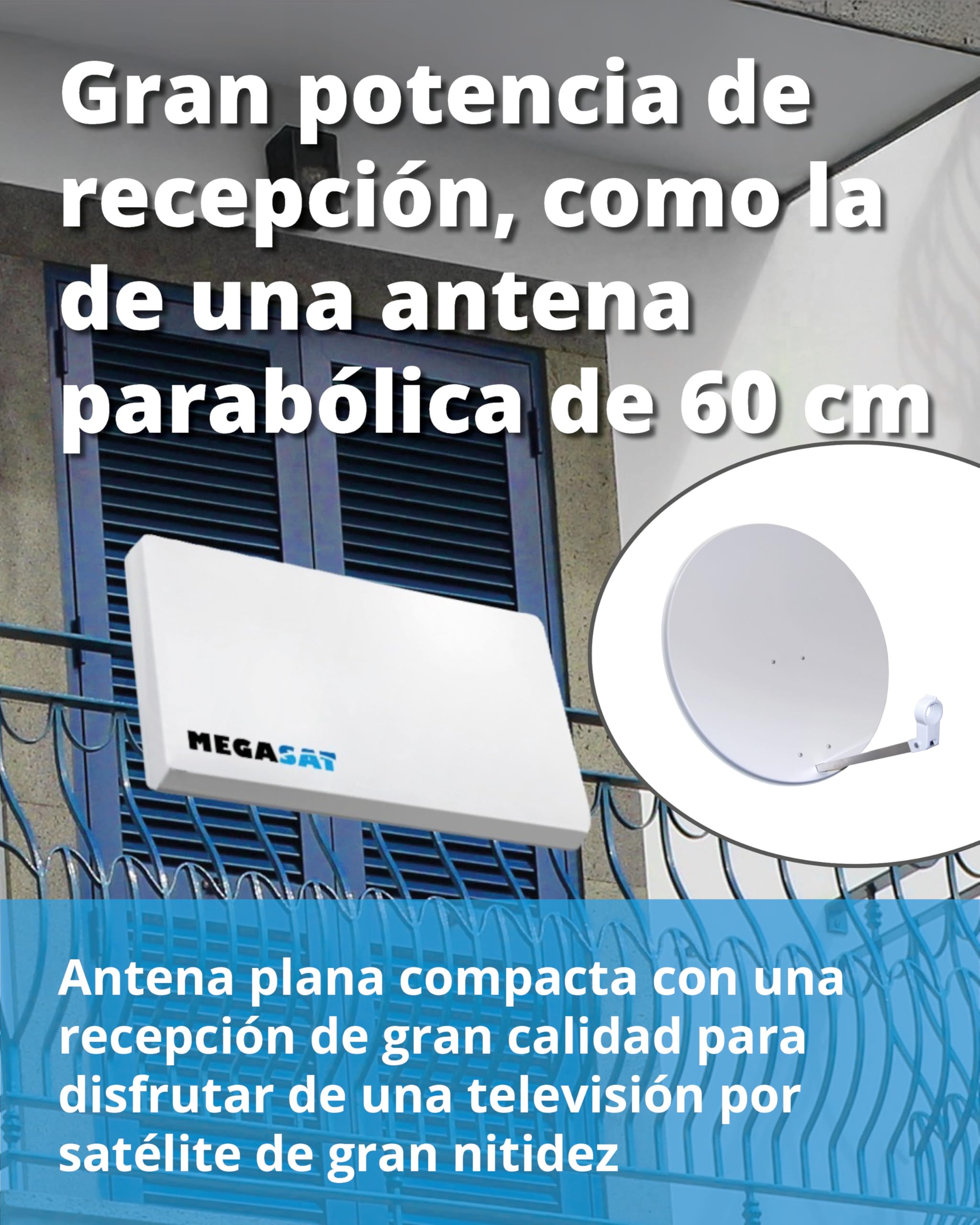 Megasat Antena Plana D2 Profi-Line – Antena Plana satelital (2 usuarios, LNB Intercambiable, instalación en Pared, Soporte para mástil/balcón o Ventana) – Blanco