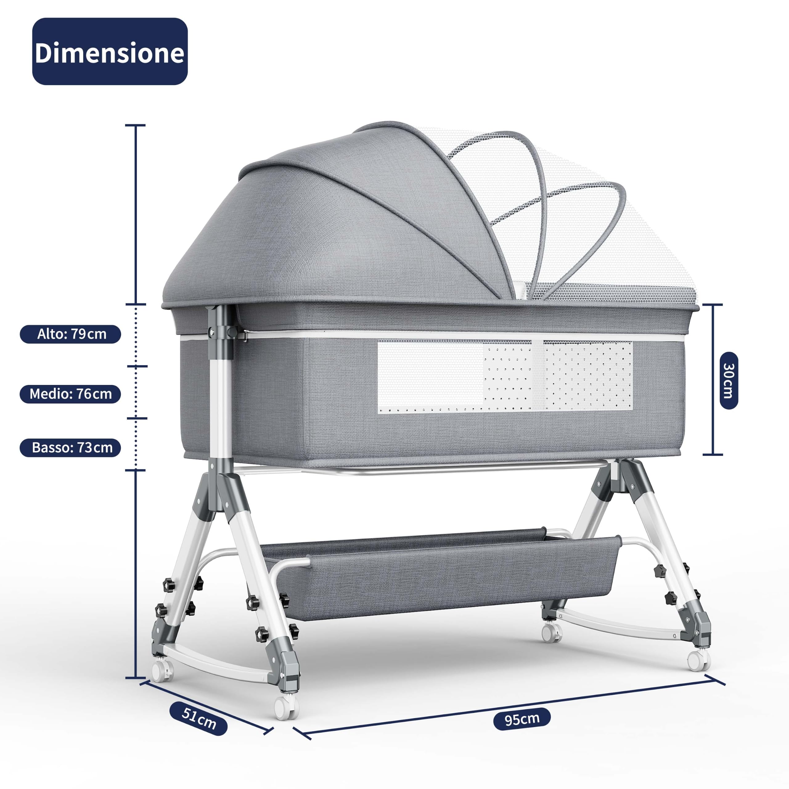5-in-1 neonato culla neonato, Culla Co-Sleeping, Ruote con Blocco e Dondolo, Parete aperta rete traspirata， Zanzariera, Materasso e Borsa inclusi (Grigio G1)