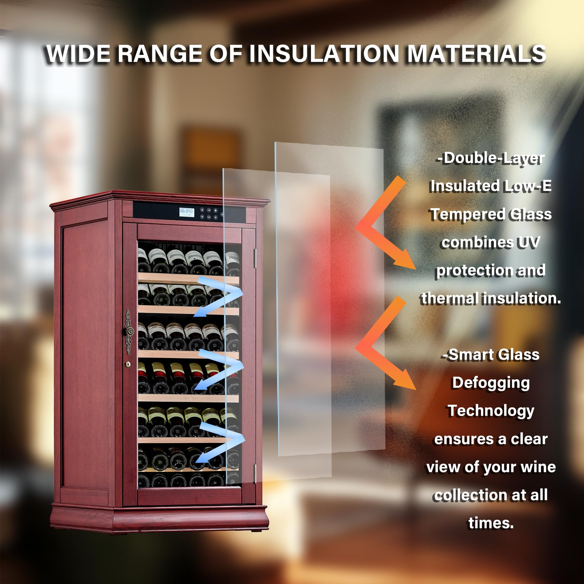 Relaxcabine 69 Bottles Wine Cooler LED Touch Screen, 7.6 Ft³ Wine Cabinet Constant Temperature & Humidity Control, Dual Layer Tempered Glass Door, Red Wood Exterior For Home, Kitchen Or Bar on Fridge.com - View 5
