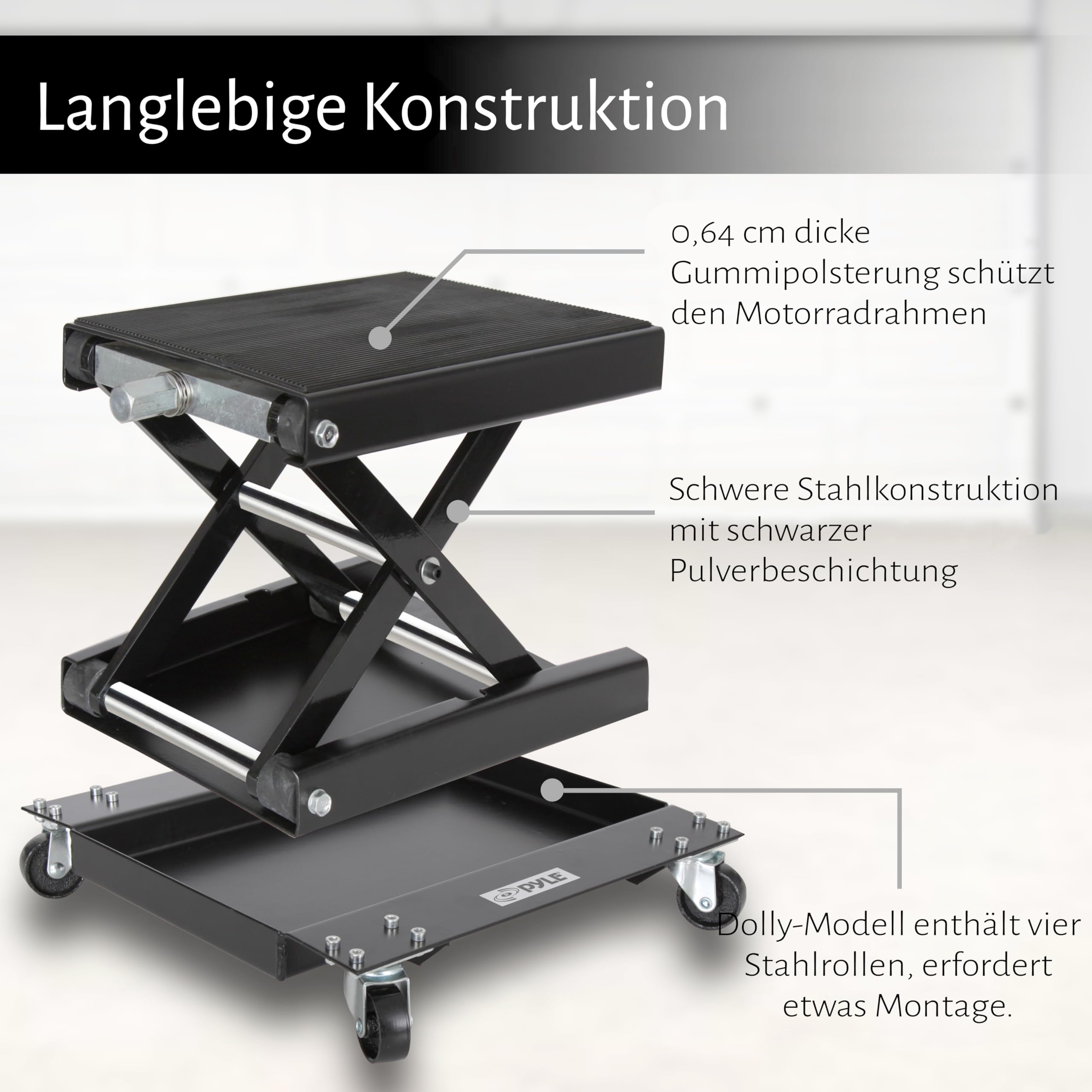 Pyle Motorrad Hebebühne, Motorrad Ständer bis 500Kg Belastbar, Motorradheber Höhenverstellbar 76-406mm, Scherenheber mit Dolly, Hubtisch für Reparatur von Fahrräder, Reifen-& Motorstütze
