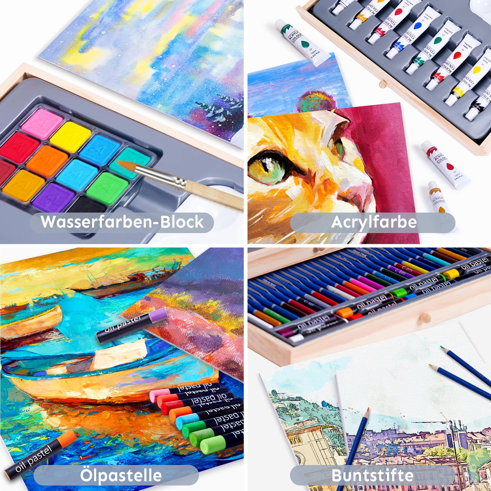 TMOL All-in-One 85tlg Malset mit Tischstaffelei, Acrylfarben, Aquarell, Skizzenstiften, Buntstiften, Ölkreiden, Pinseln, Block, Palette, Koffer, Malset für Erwachsene, Künstler, Anfänger