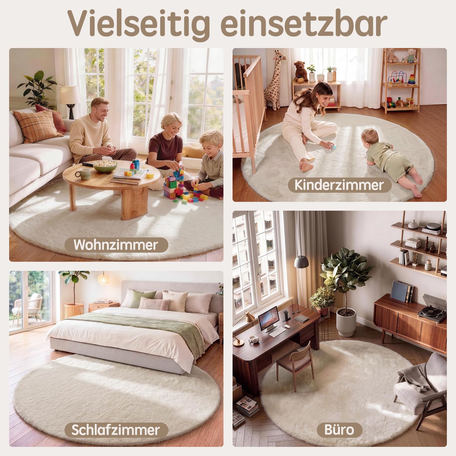 Kunstfell Teppich Kurzflor Wohnzimmer Rund 120 cm Beige Waschbar | Kaninchenfell-Optik | Maschinenwaschbar & rutschfest | OEKO-TEX zertifiziert | Ideal für Sofa, Schlafzimmer & Kinderzimmer