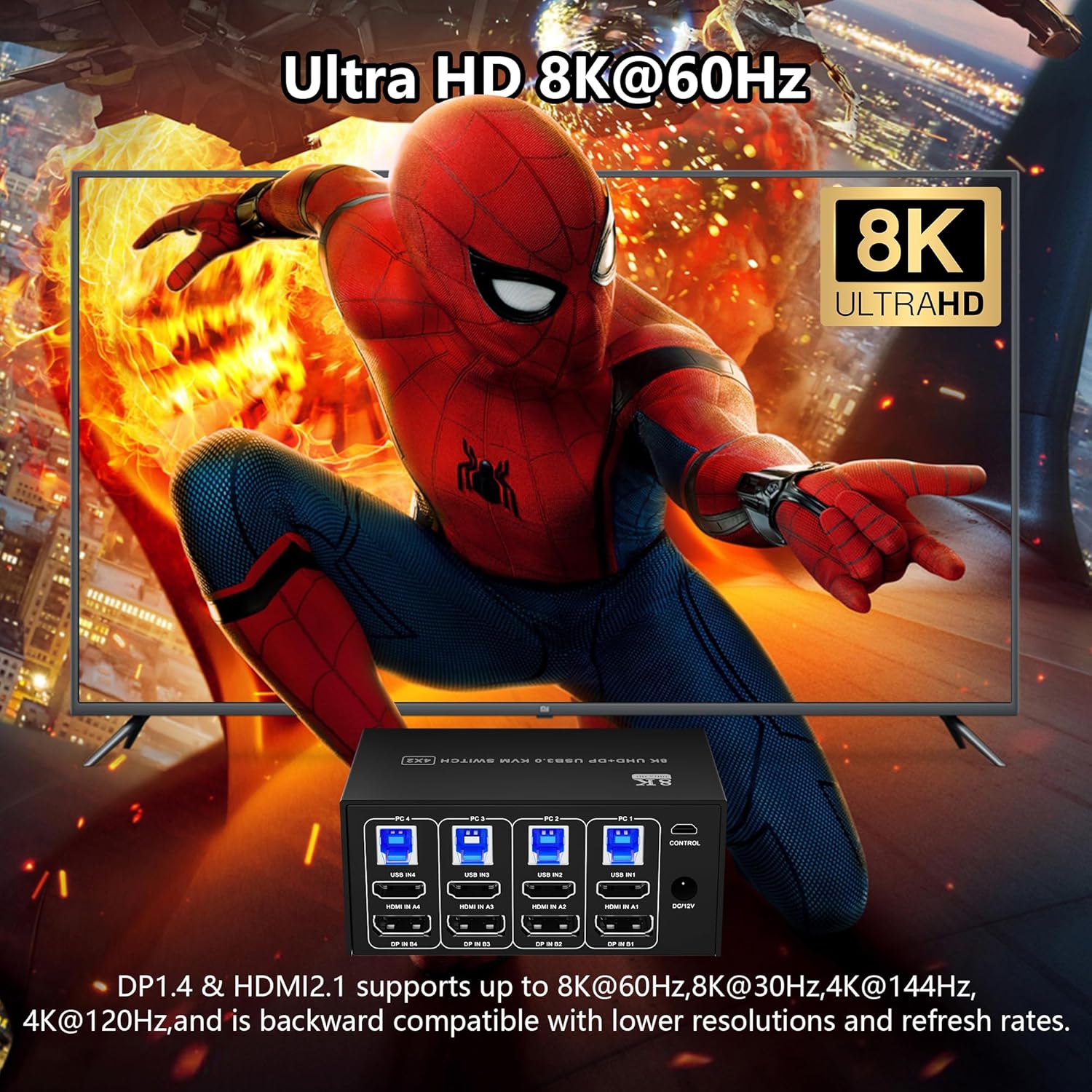 KVM Switch 4 Computer 2 Monitor - 8K@60Hz 4K@120Hz HDMI and Displayport Dual Monitor KVM Switcher for 4 PC 2 Monitor, with Desktop Controller