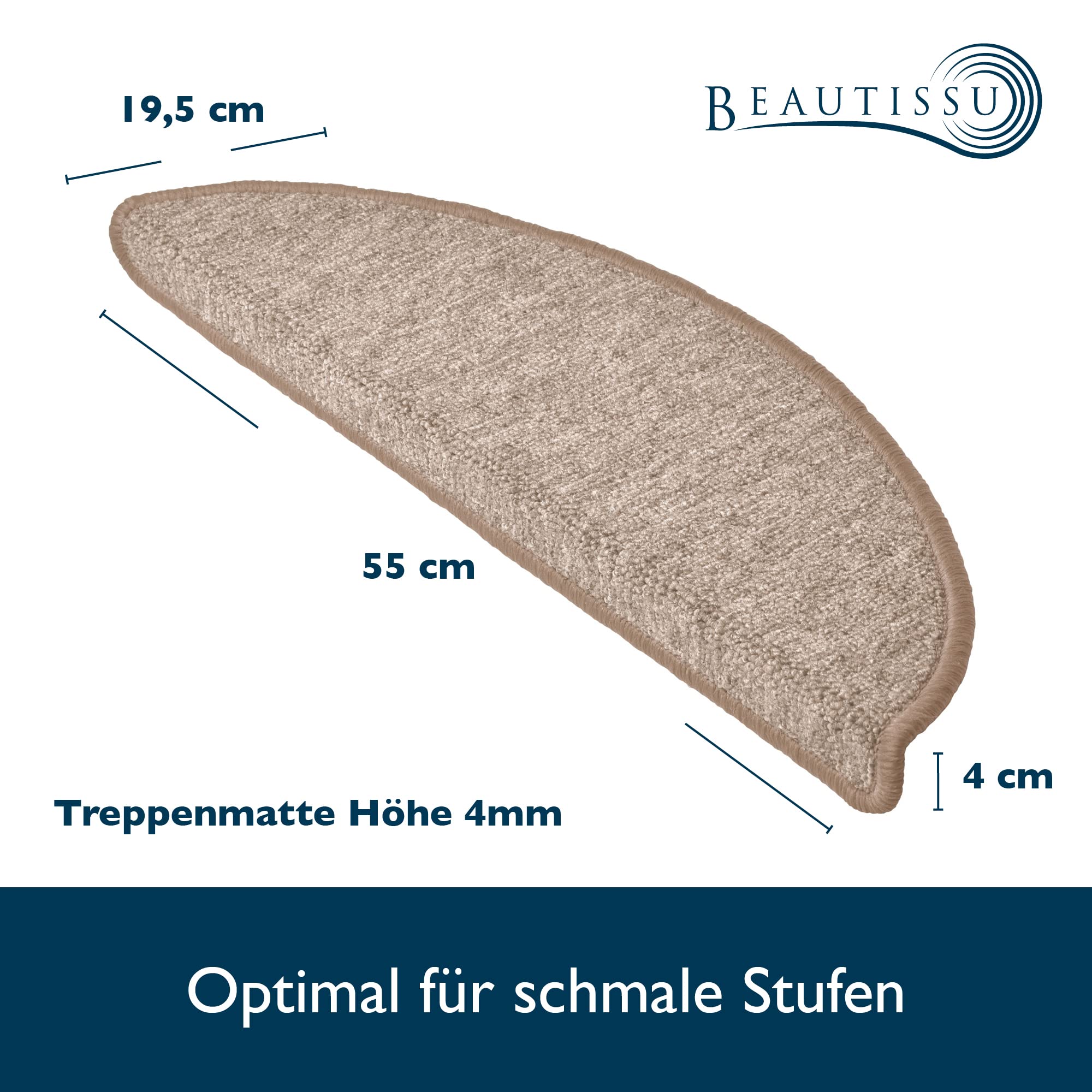 Beautissu Treppenstufen Matten 55x15 cm – 15 Stück Schmale Treppen Stufenmatten Selbstklebend Innen Treppenmatten Stufenmatte Teppich Treppenteppich Stufenteppich Halbrund Sand – ProStair