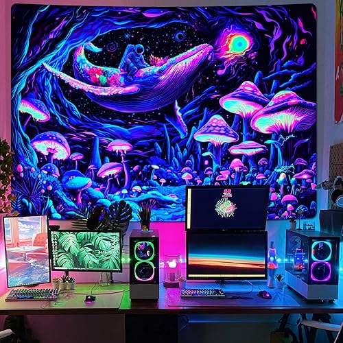 Miniatura 2 de Uspring Trippy - Tapiz de calavera con luz negra, tapiz gótico de esqueleto de gato, tapiz de ojos hippies, tapiz grande con rayos UV, tapiz