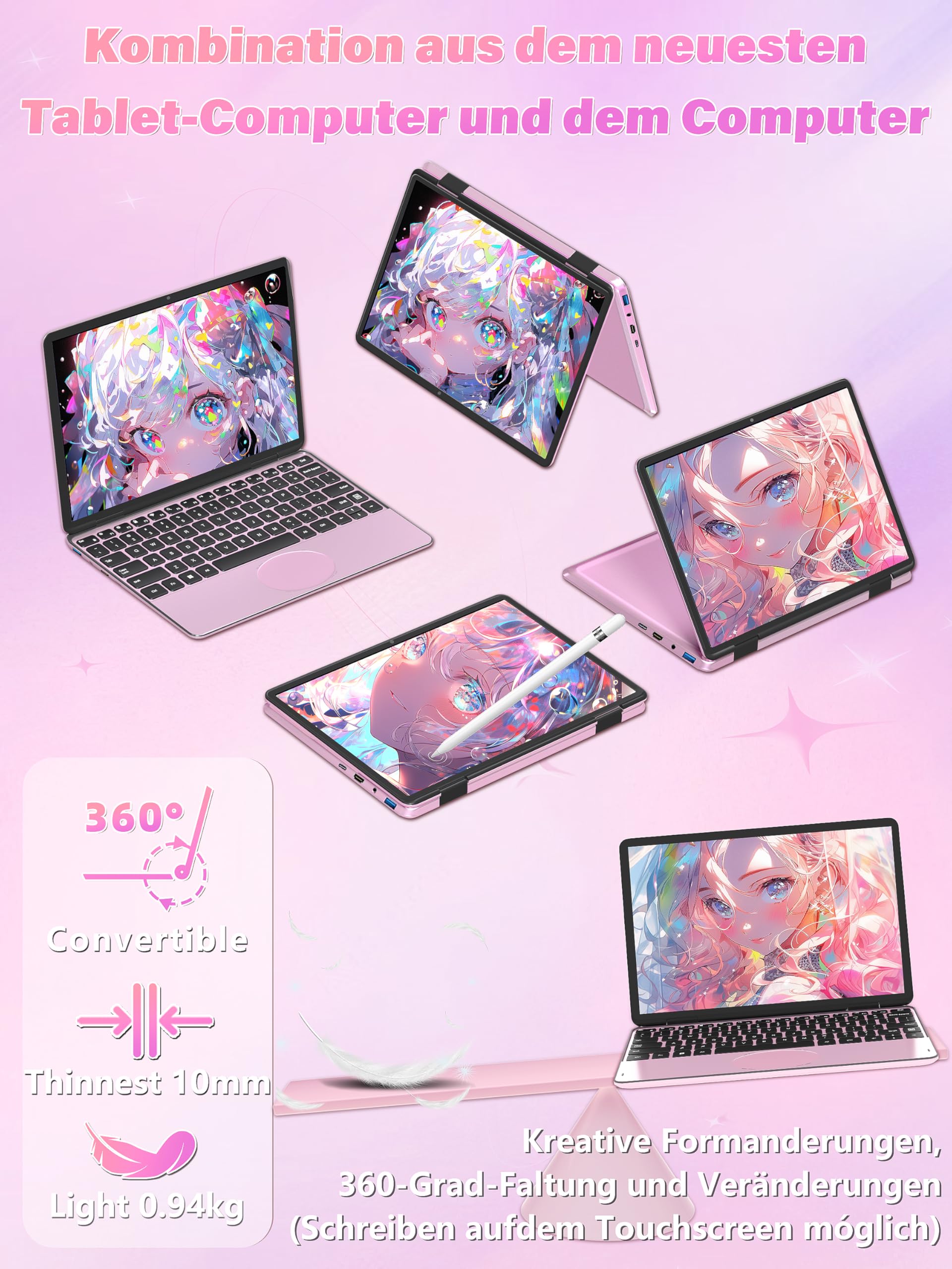 2026 11 Zoll 2in1 Laptop mit 360° Touchscreen, N100 Quad-Core CPU [beat N95 / N5095], 16GB DDR4 RAM, 1TB SSD, FHD IPS Display, Backlit Tastatur, leicht & mobil Notebook PC, Roségold