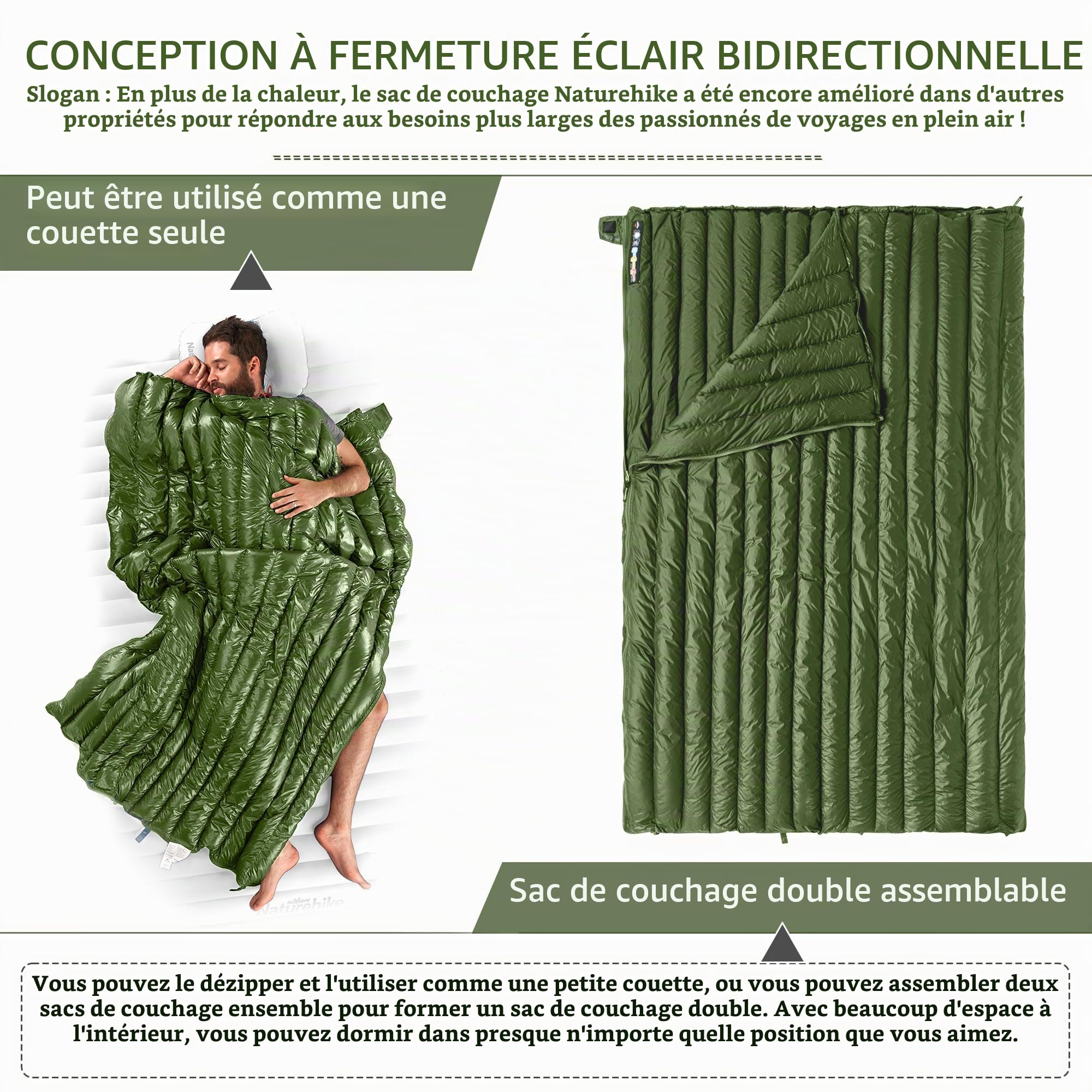 Naturehike Sac de Couchage Enveloppant Ultra léger pour Adultes, 3-4 Saisons, Sac de Couchage imperméable pour Camping, randonnée, Alpinisme, intérieur, extérieur, Duvet de Canard