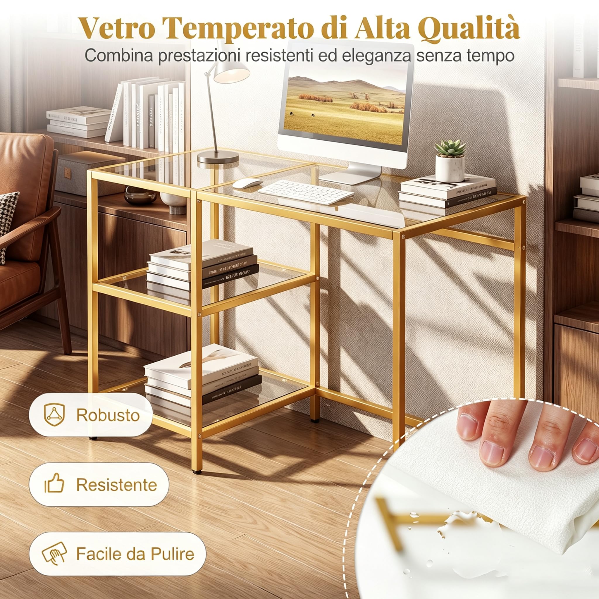 SOARS Scrivania in Vetro Temperato 106 x 51 x 77 cm, Oro | Tavolo PC Multifunzionale Salvaspazio con 2 Ripiani, Consolle Trucco Moderna per Camera da Letto, Studio, Ufficio e Soggiorno