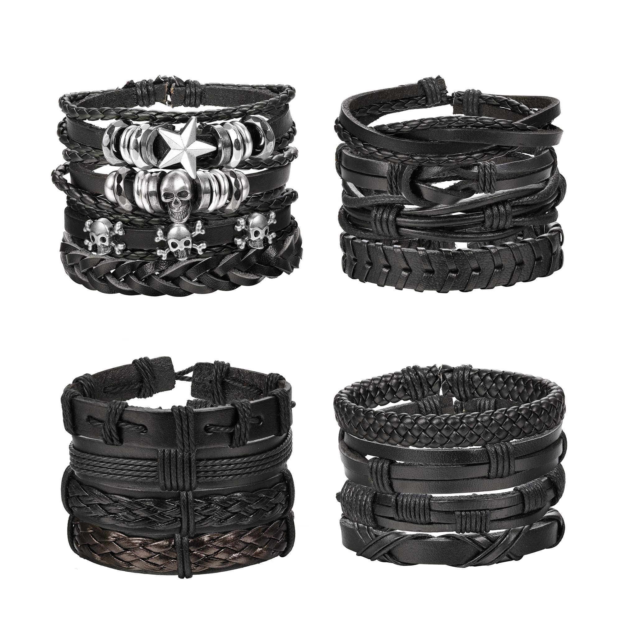 Finrezio 16 Pcs Black Braided Leather Bracelets Set For Men