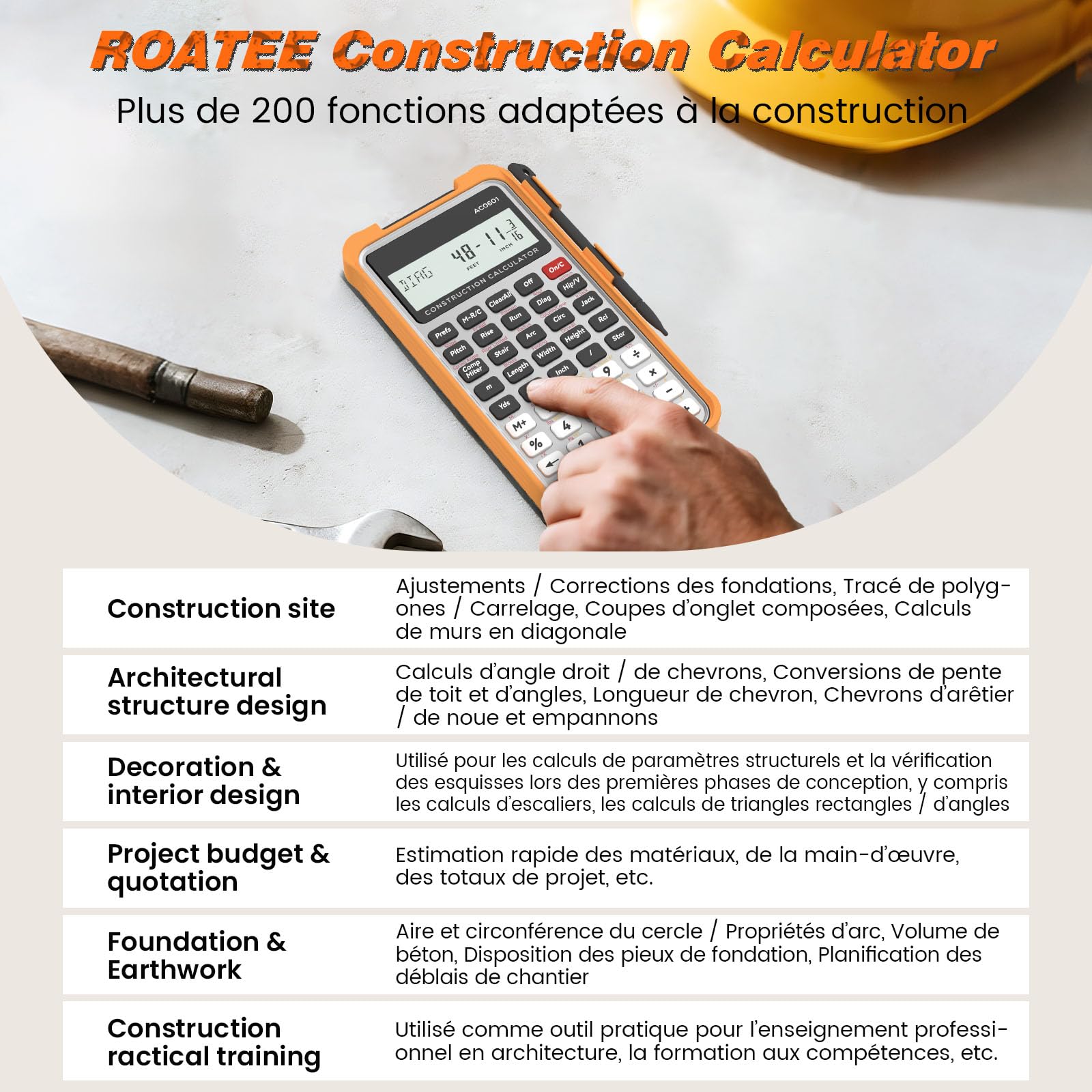 Calculatrice de Chantier avec Tablette d'écriture, Industrie & Science d'ingénierie ROATEE pour Entrepreneurs, béton, Calculatrice Fractions Pieds/Pouces pour menuisiers, charpentiers, rénovateurs