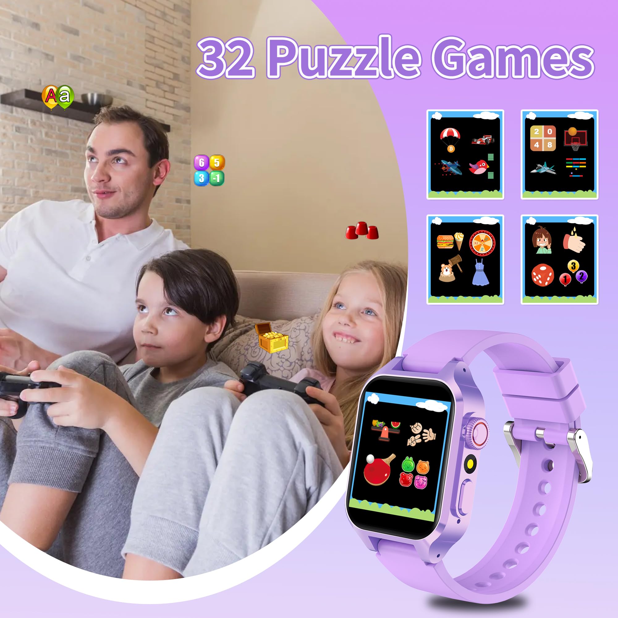 Smartwatch voor kinderen, 32 spelletjes, smartwatch voor kinderen met 22 geanimeerde achtergronden, camera, 3 sportmodi, wekker, luisterboek, leerkaart, muziek, stappenteller, opnameapparaat, cadeau