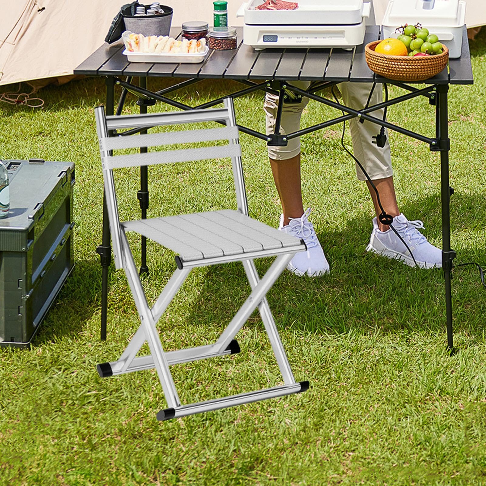 Sgabello da trekking – Sedile da campeggio pieghevole, sgabello da viaggio | Panca pieghevole in metallo portatile da esterno pieghevole per terrazza, sedia da pranzo con telaio in metallo, panca | Panca pieghevole in metallo portatile da esterno pieghevo