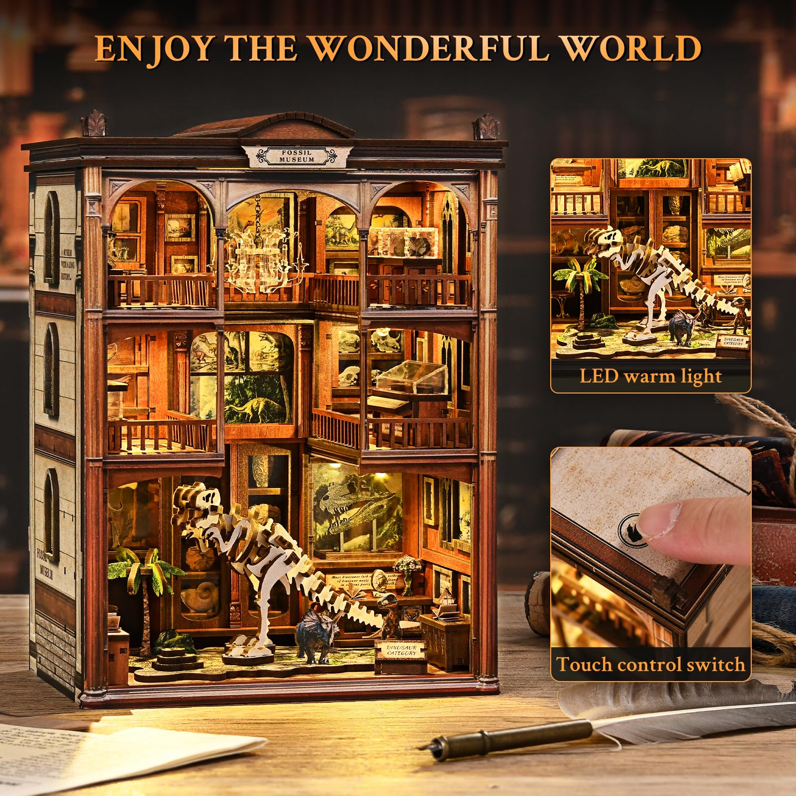 Shrike Book Nook - Kit fai da te in miniatura, puzzle 3D, con illuminazione a LED, libreria e decorazione per la casa, fai da te, famiglia e amici (museo dei dinosauri)