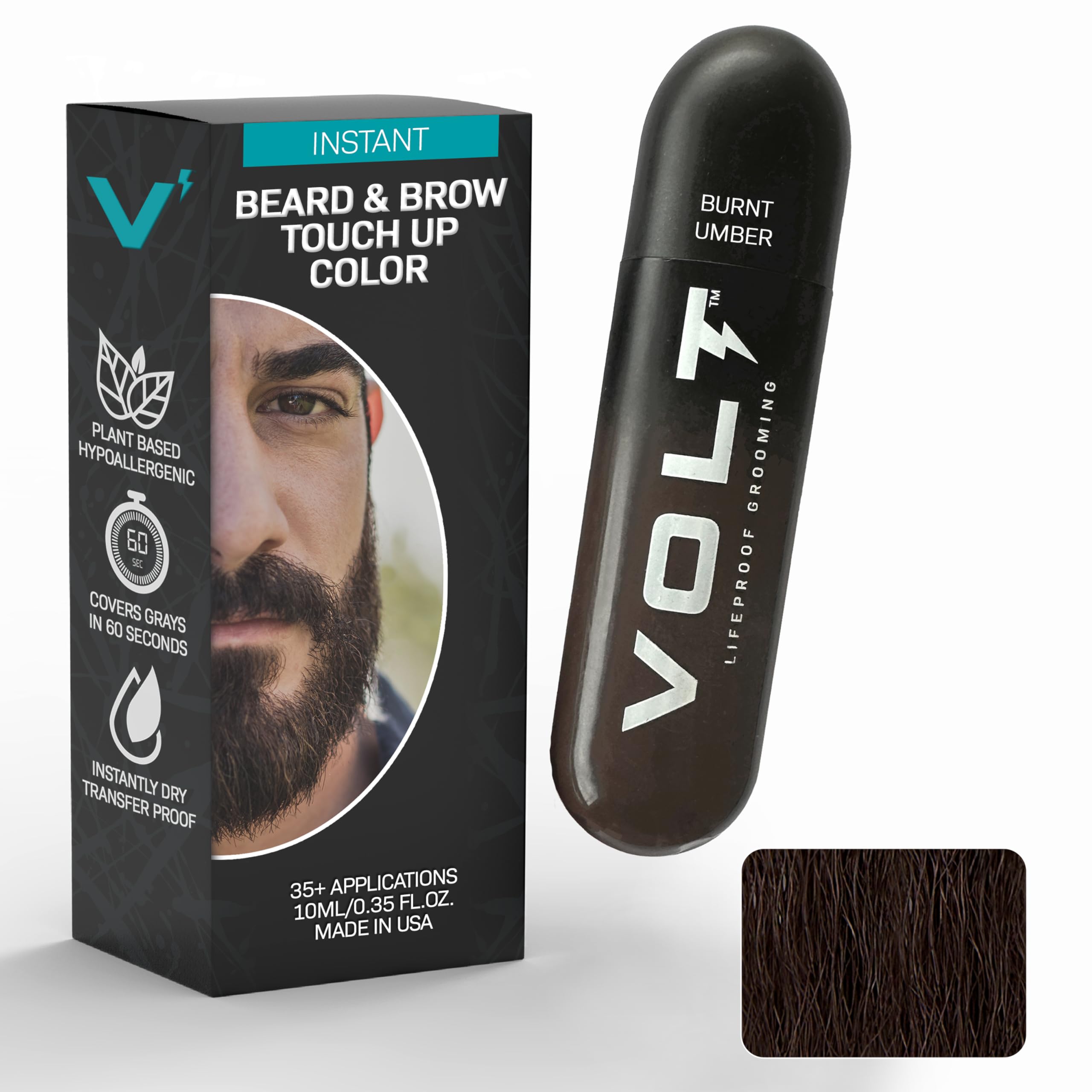 VOLT Grooming Instant Beard Color Single Pack - Smudge and Water Resistant Quick Drying Brush on Color for Beards, Mustaches, and Eyebrows - 0.35 Fl Oz (10 ml), Burnt Umber (Deep Dark Brown)