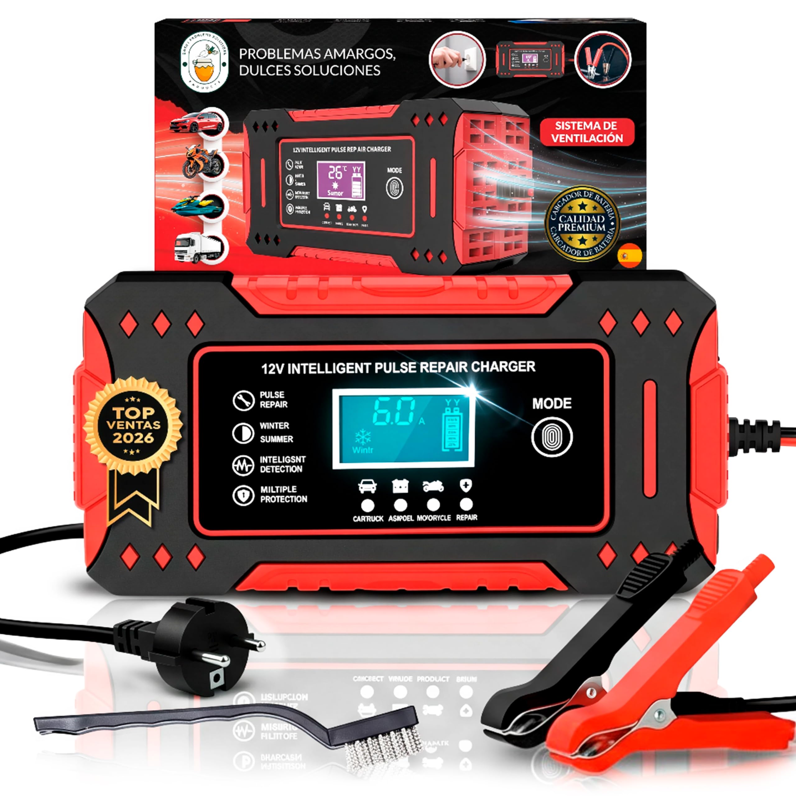 SweetSolutions© Cargador Baterias Coche 12V6A | Cargador De Batería Coche con Función Inteligente | Reparación Automática | Pantalla LCD | Automóviles Moto Camión AGM Gel SLA