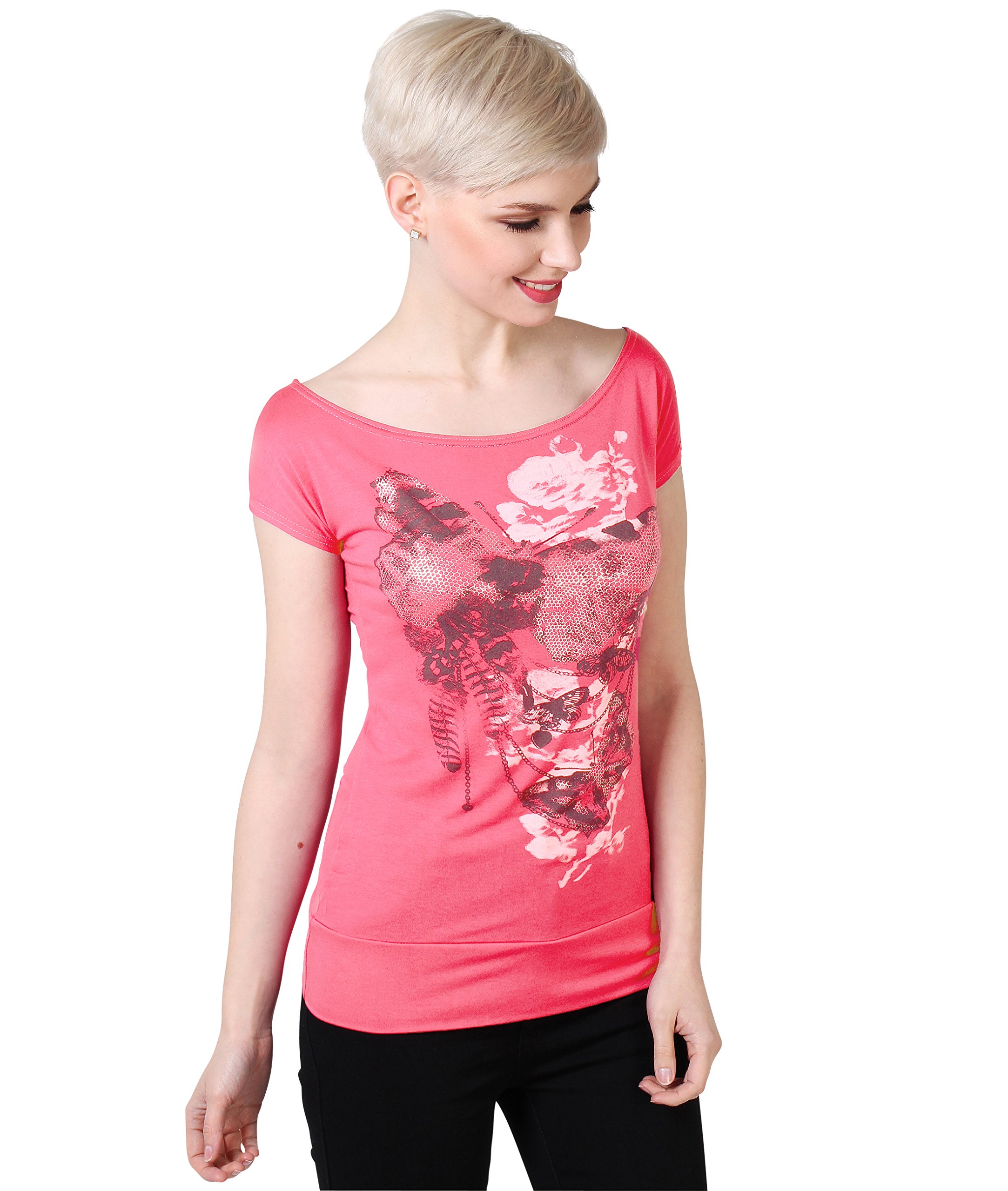 KRISP Womens Short Sleeve Casual Silver Foil Print T Shirt