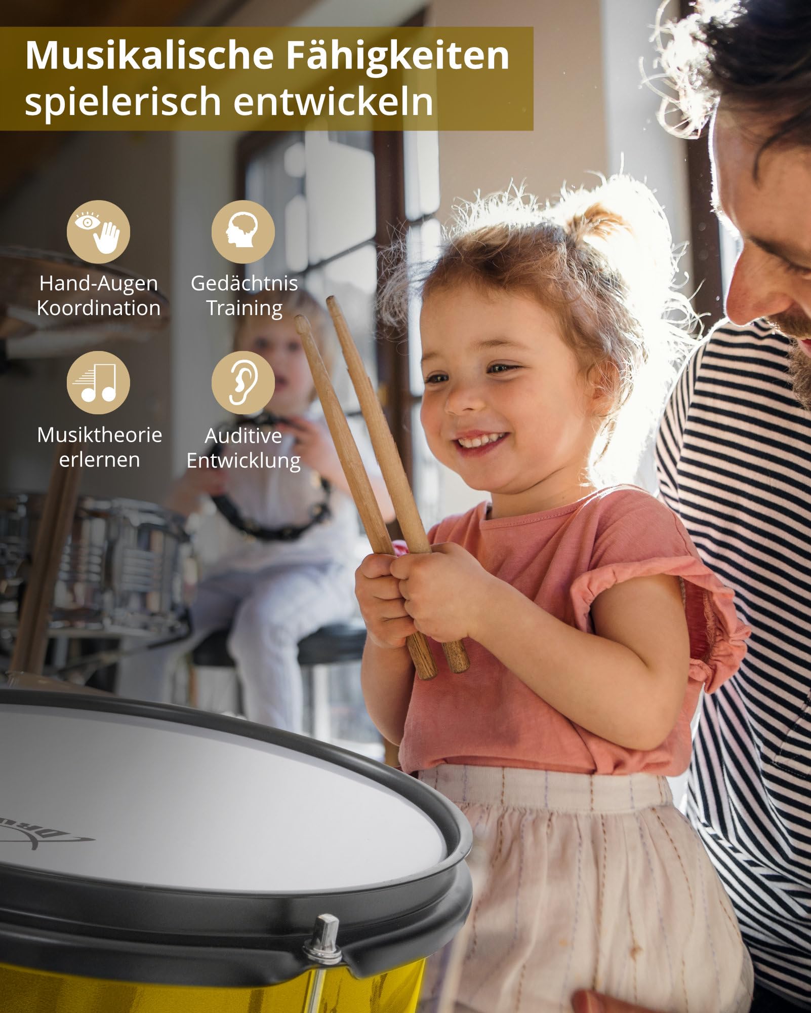 XDrum Junior Pro Kinder Schlagzeug Sunset Gold Sparkle - geeignet von 5-9 Jahren - Drumset mit komplettem Zubehör - inkl. Schule - Orange