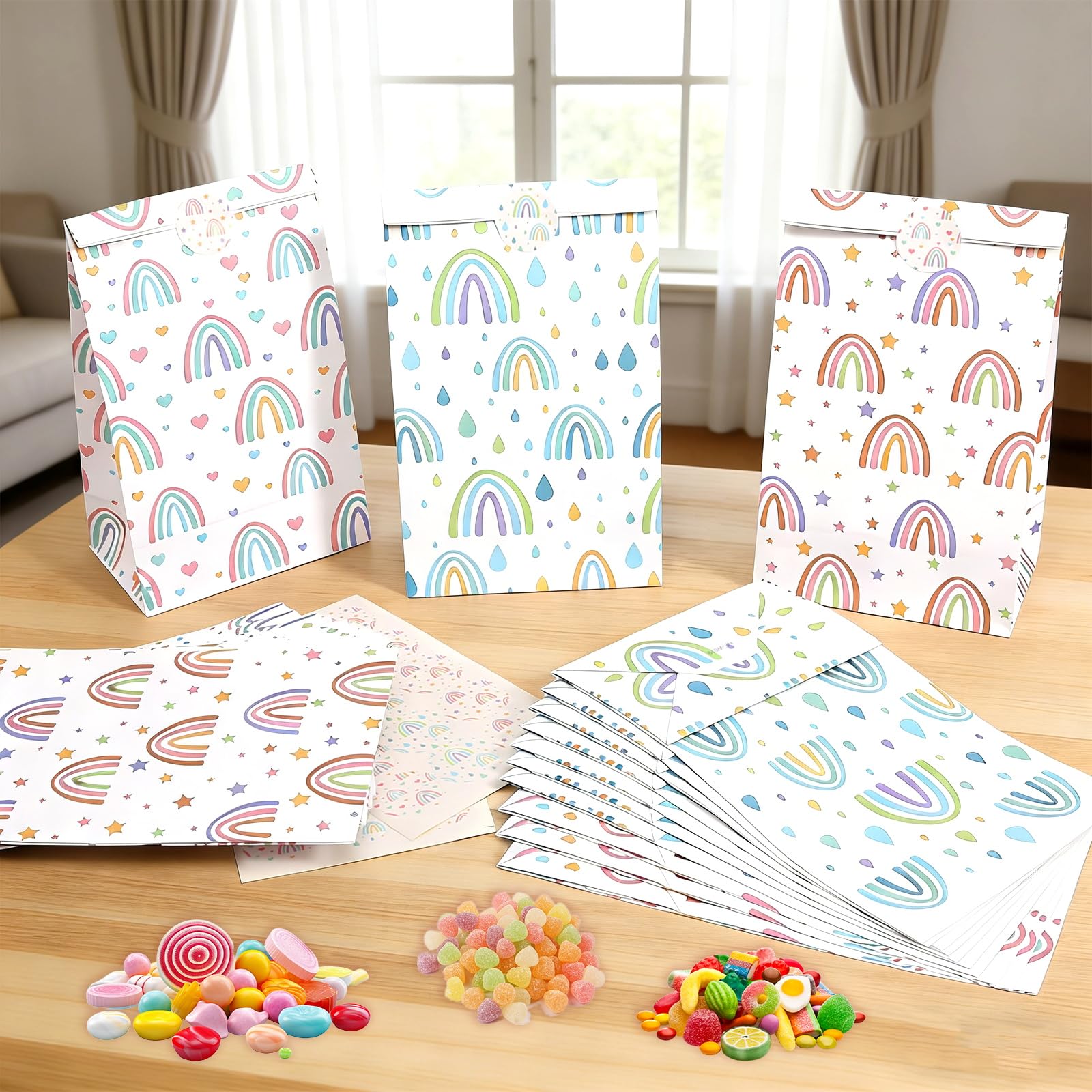Nukssi 24pcs Rainbow Gift Bags With Stickers, Cute Paper Gift Bags Small Size 8.7x5.1x3.1 Party Favors Bags Bulk Mini Tiny Goody Bag for Wedding Rainbow Kids Girl Birthday