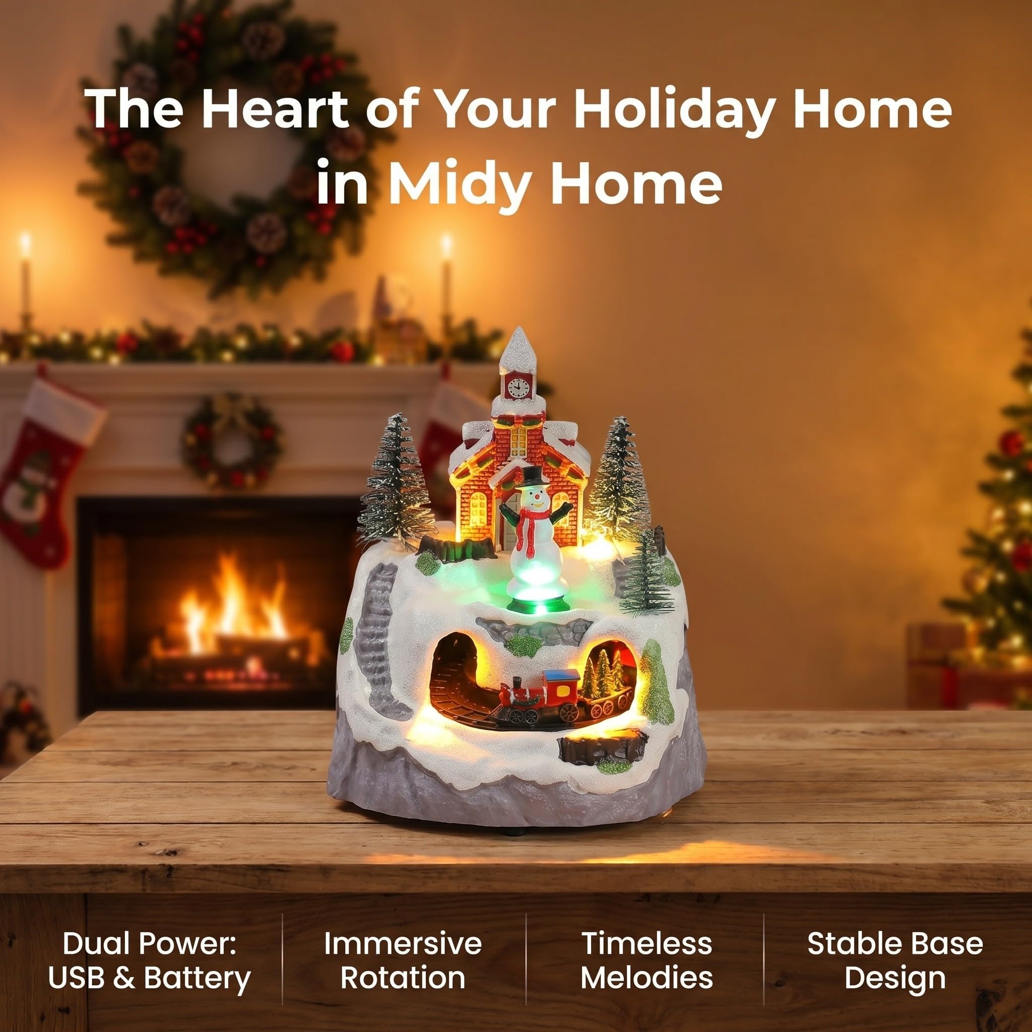 Operitacx Casa de Pueblo navideño con Tren en Movimiento, Figura de muñeco de Nieve iluminada con villancicos, construcción Coleccionable de Invierno para decoración del hogar, Centro de Mesa.