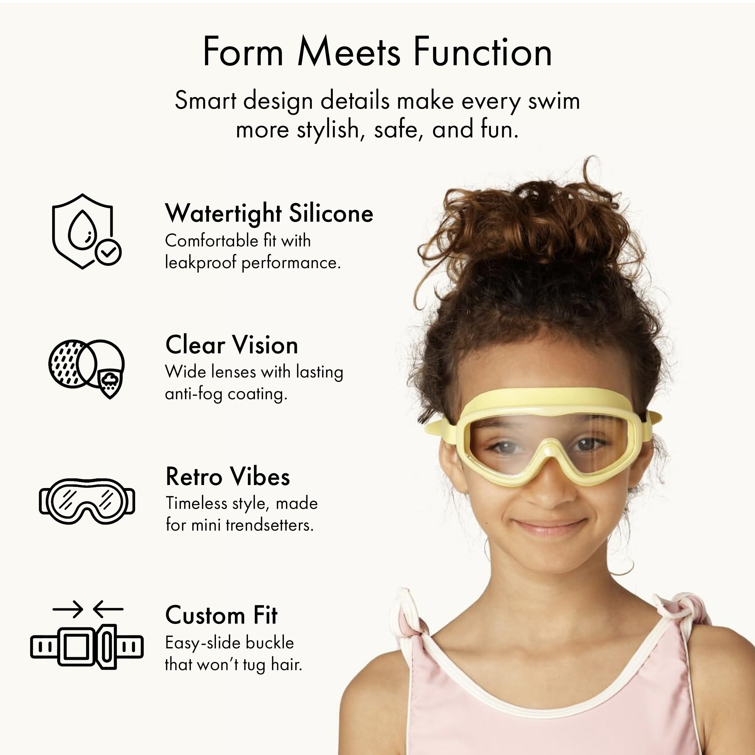 Petites Pommes Gafas de natación para niños de 3 a 8 años – silicona ligera, lente gran angular antivaho, diseño retro, correas ajustables, hebilla para el cabello, bolsa de algodón