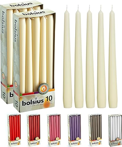BOLSIUS 20 Count Unscented 10 Inch Ivory Household Taper Candles - 8 Hours Burning Time - Premium European Quality - Smokeless Dripless Taper Marfil