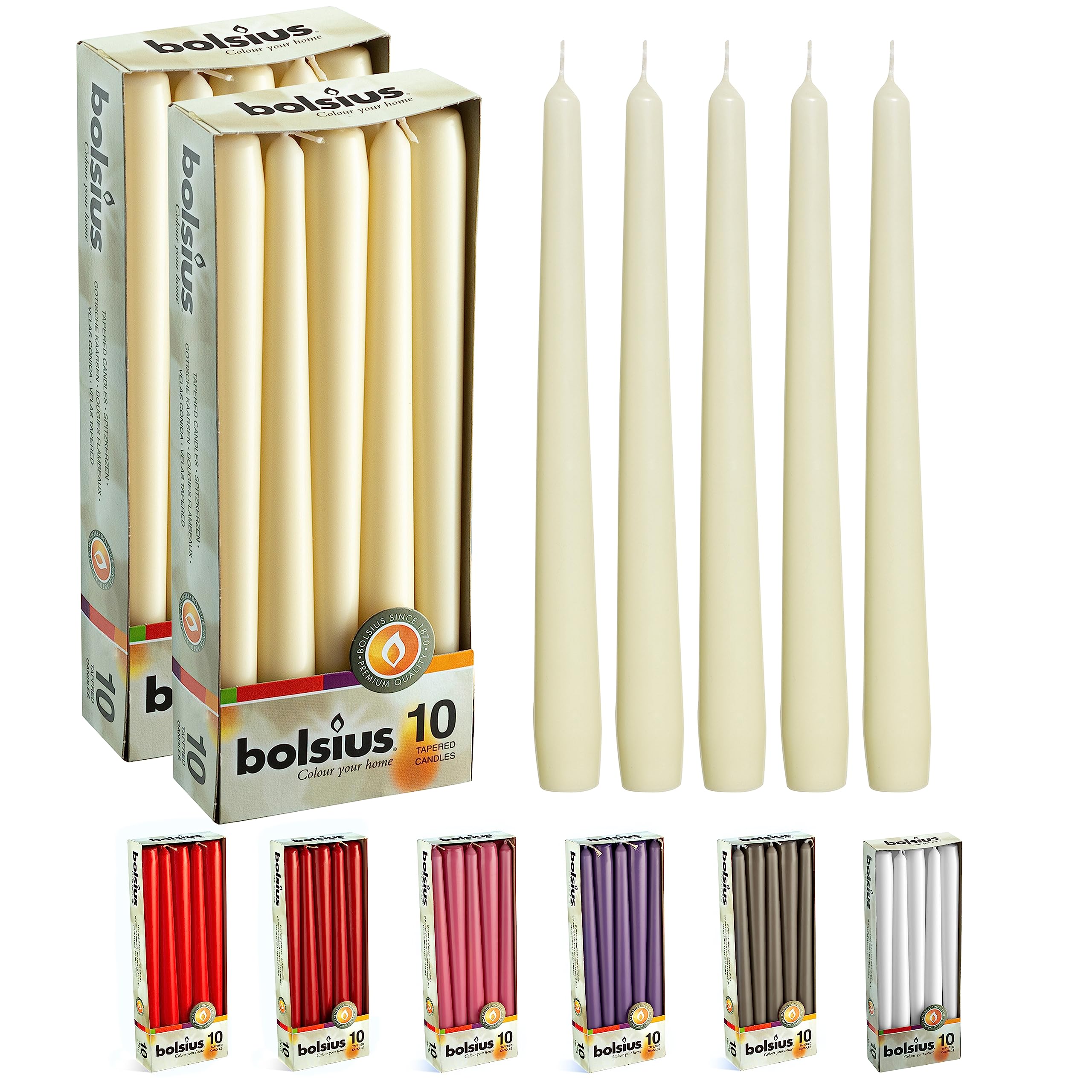 BOLSIUS Lot de 20 bougies non parfumées Ivoire 25,4 cm – Durée de combustion de 7,5 heures – Qualité européenne – Sans fumée – Idéal pour la décoration de la maison, les dîners et les fêtes